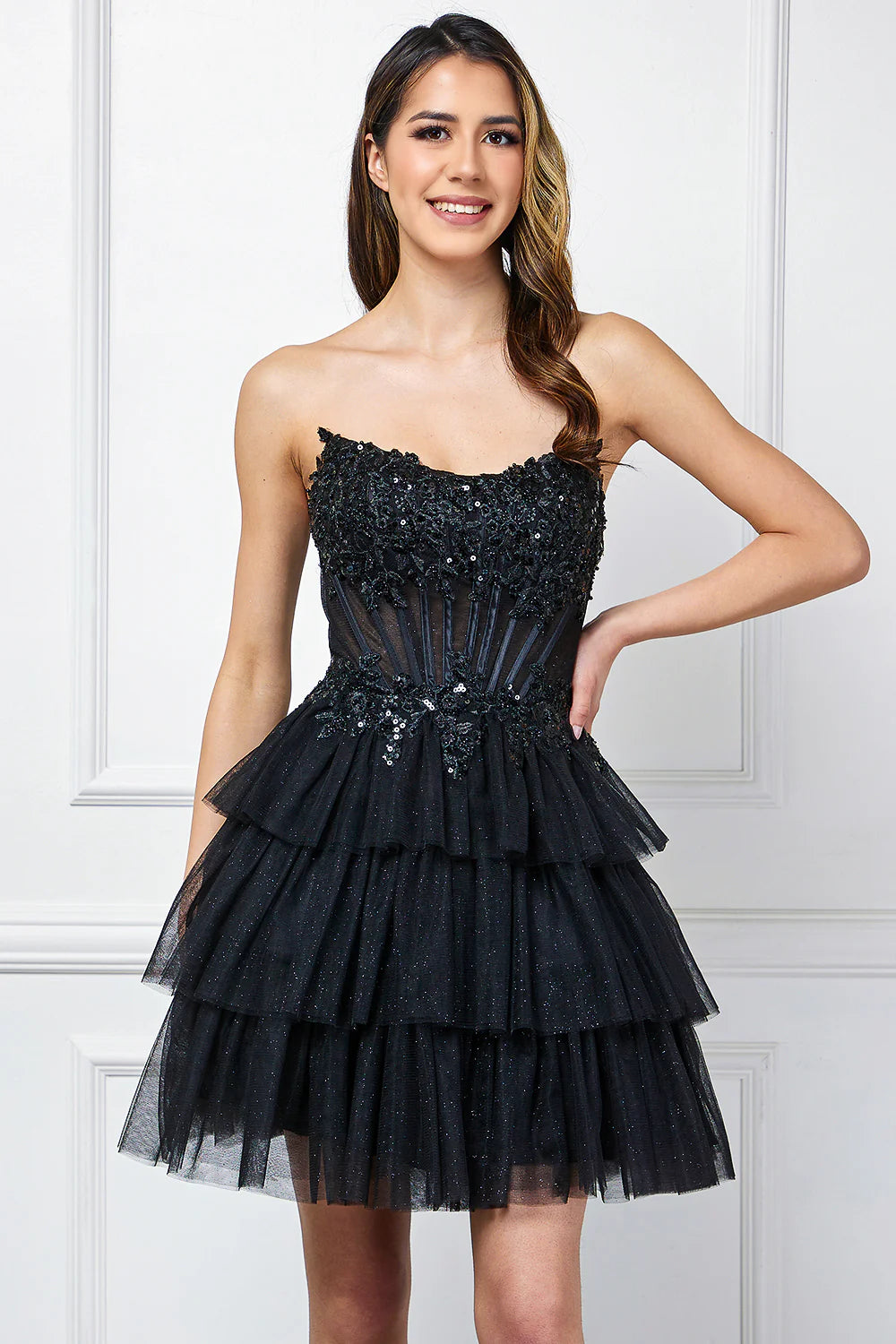 Glitter Short Strapless Tiered Dress by Amelia Couture 9066S
