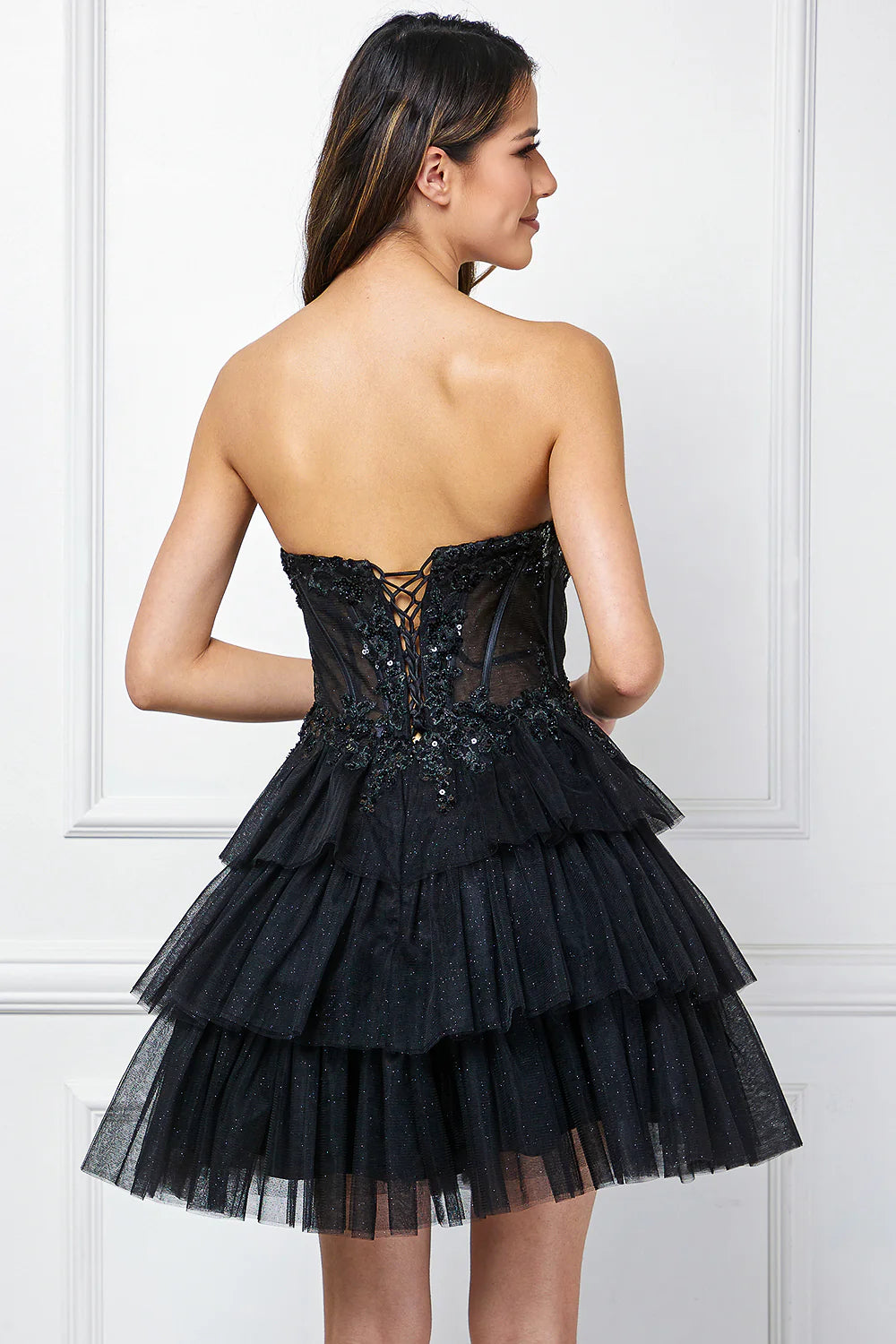 Glitter Short Strapless Tiered Dress by Amelia Couture 9066S