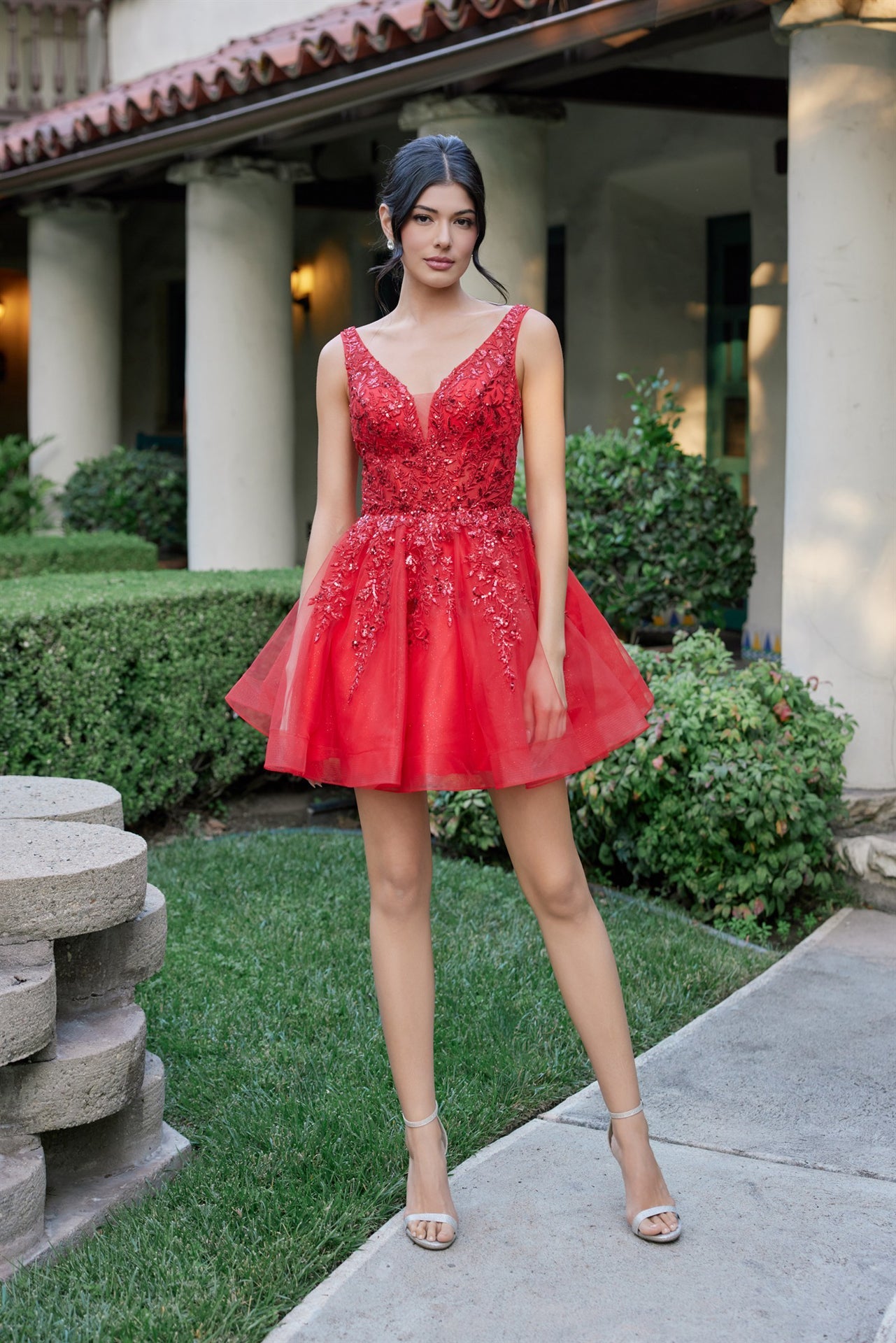 Applique Short V-Neck A-line Dress by Juliet JT987N - product image 4