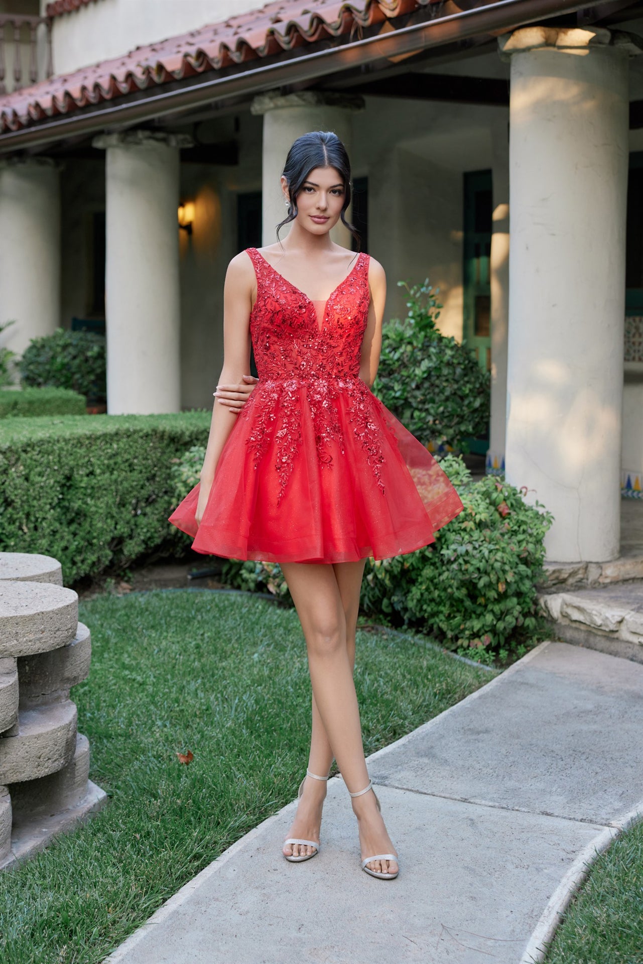 Applique Short V-Neck A-line Dress by Juliet JT987N - product image 3