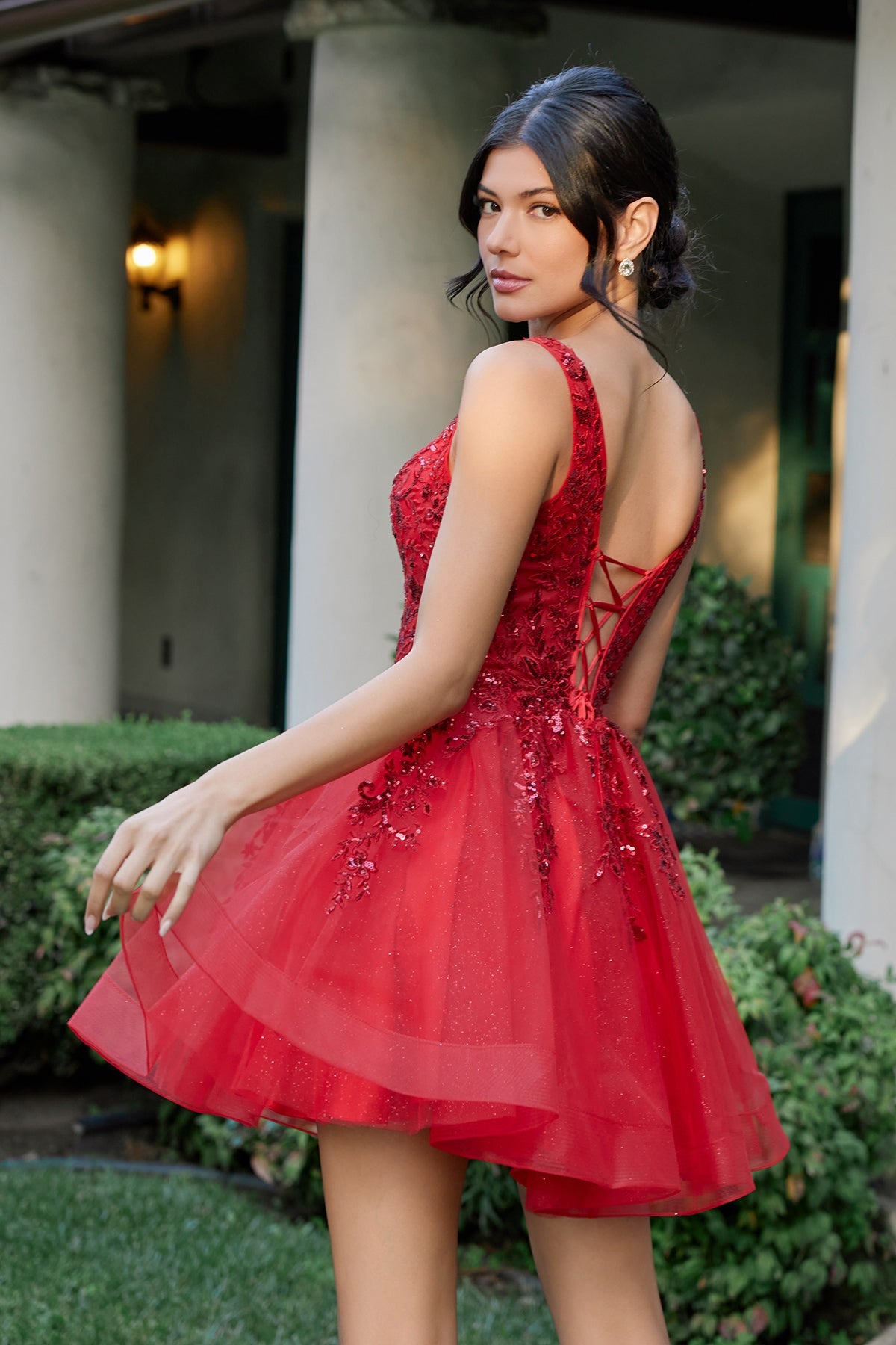 Applique Short V-Neck A-line Dress by Juliet JT987N - product image 2