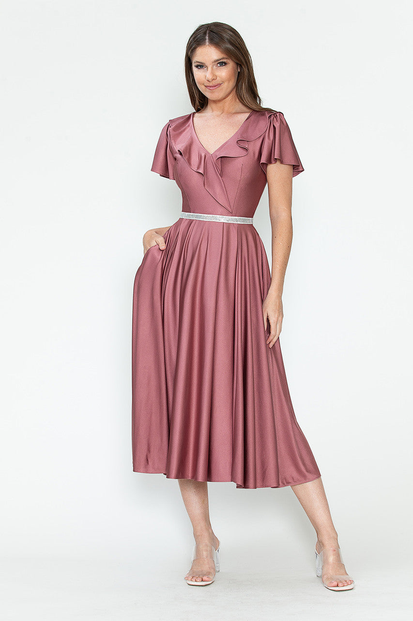 Satin Short Sleeve Tea Length Dress by Lenovia 5295 - product image 3