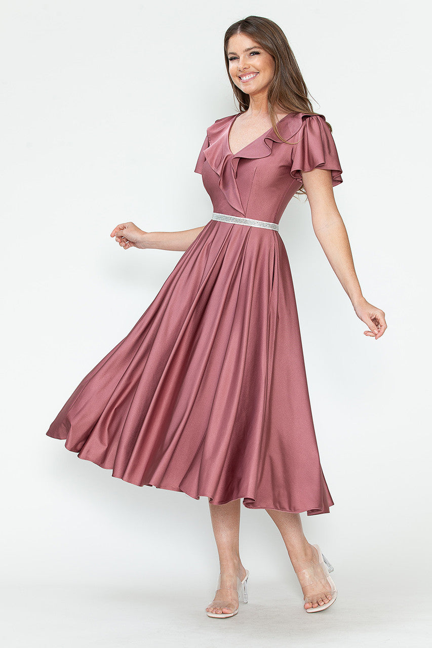 Satin Short Sleeve Tea Length Dress by Lenovia 5295 - product image 1
