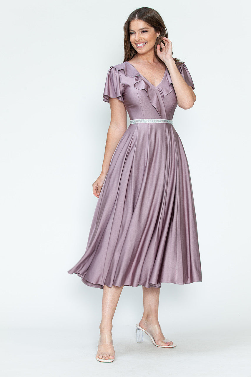 Satin Short Sleeve Tea Length Dress by Lenovia 5295 - product image 15