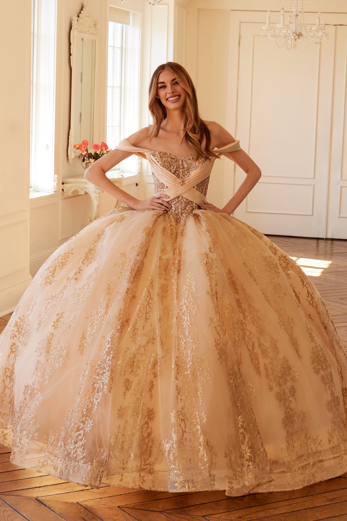 Glitter Print Off Shoulder Ball Gown by Juliet JT1488H - product image 8