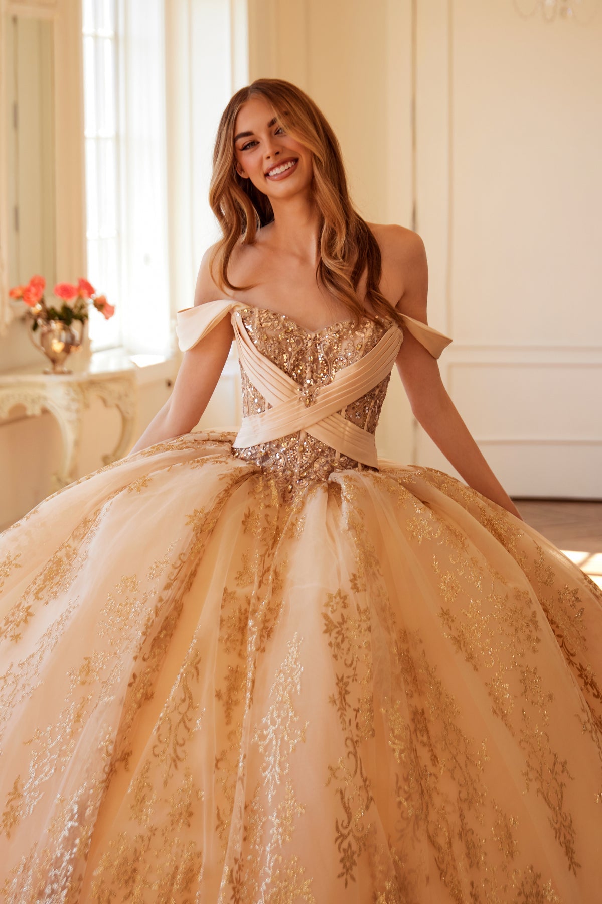 Glitter Print Off Shoulder Ball Gown by Juliet JT1488H - product image 3