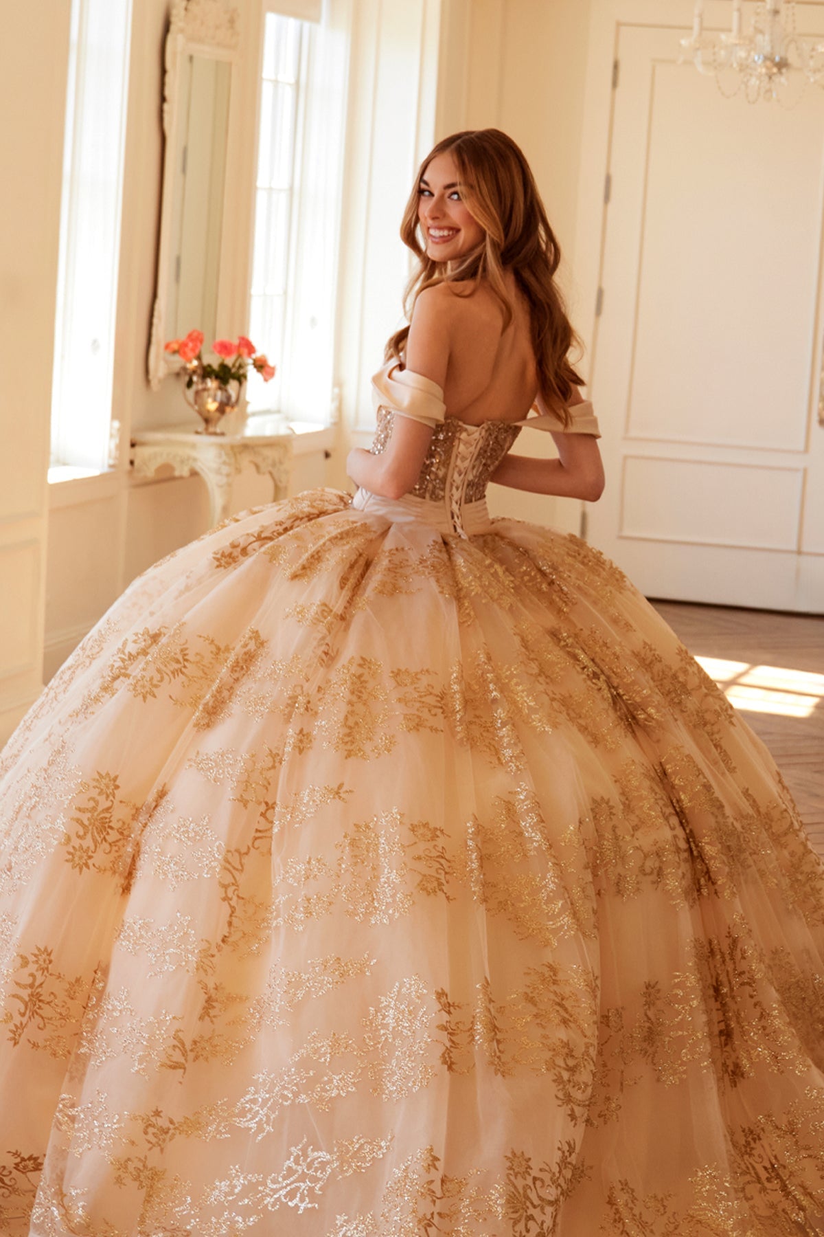 Glitter Print Off Shoulder Ball Gown by Juliet JT1488H - product image 9