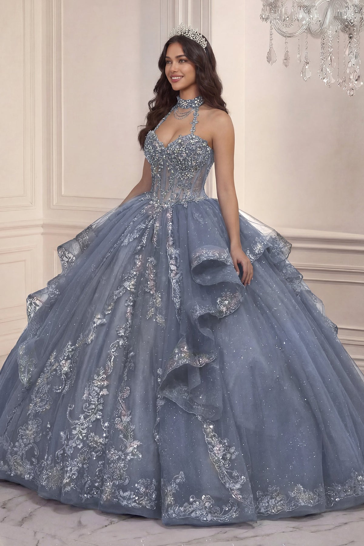 Beaded Halter Ruffled Ball Gown by Ladivine 15741 - product image 4