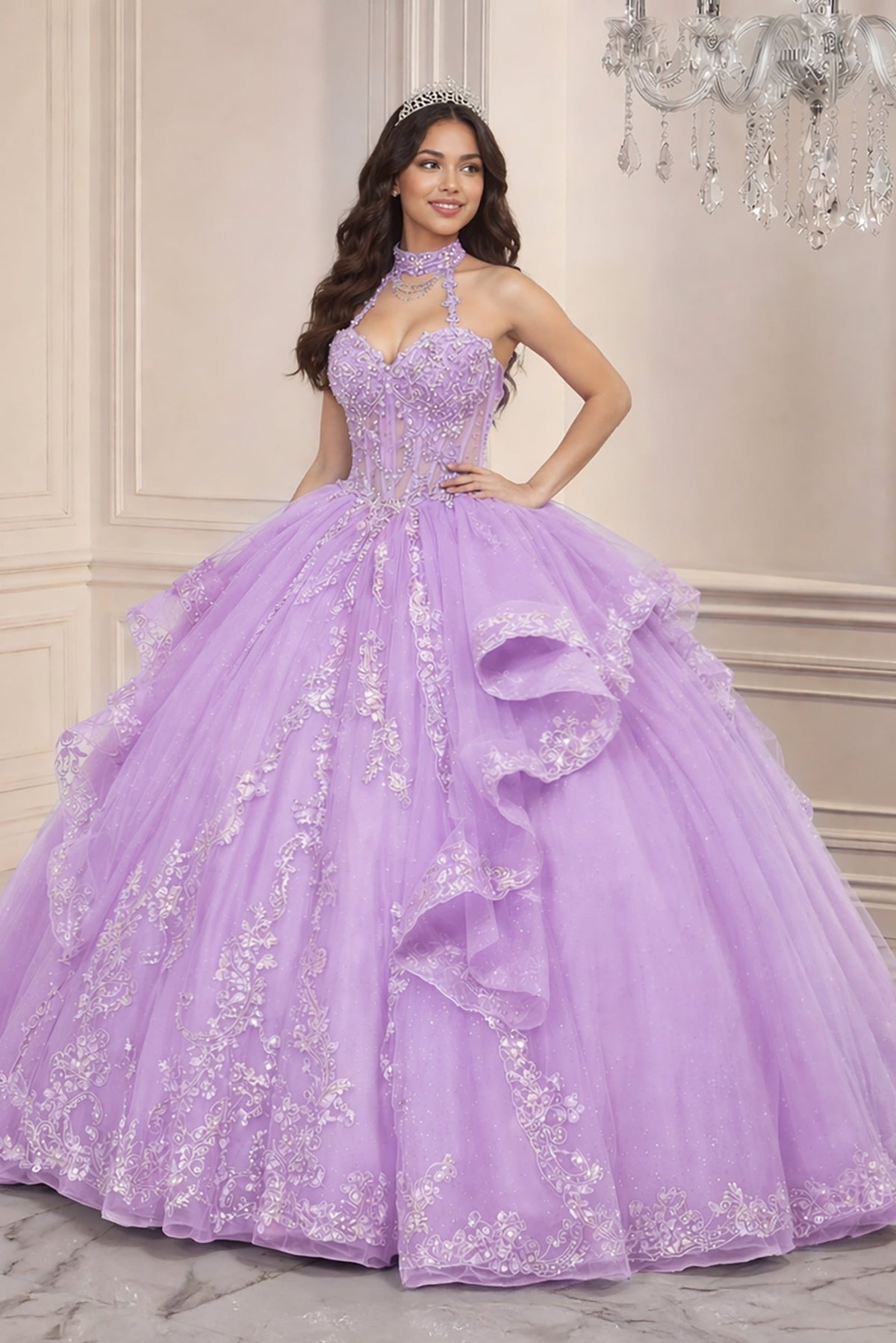 Beaded Halter Ruffled Ball Gown by Ladivine 15741 - product image 1