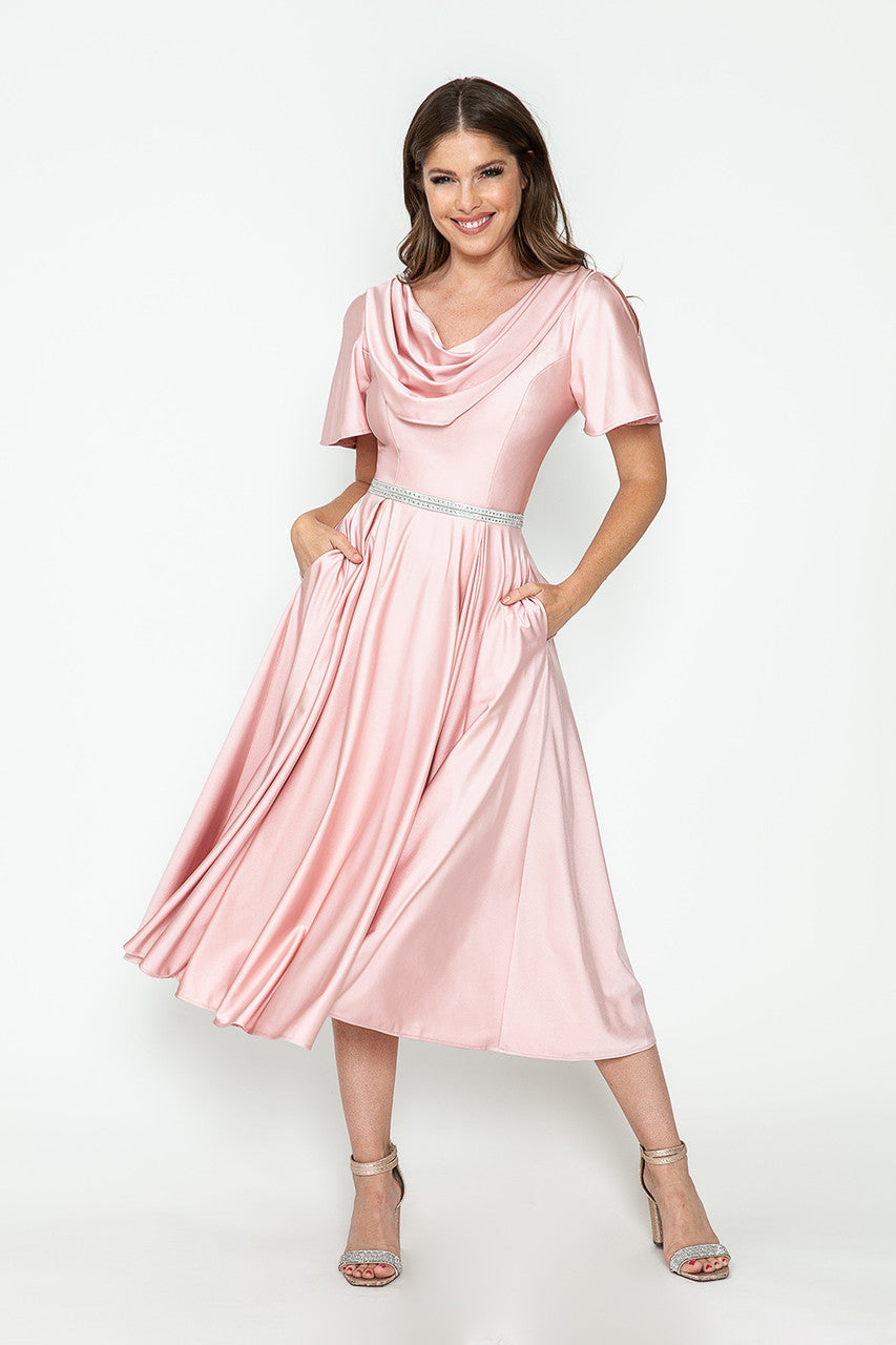 Short Sleeve Cowl Tea Length Dress by Lenovia 5296 - product image 1