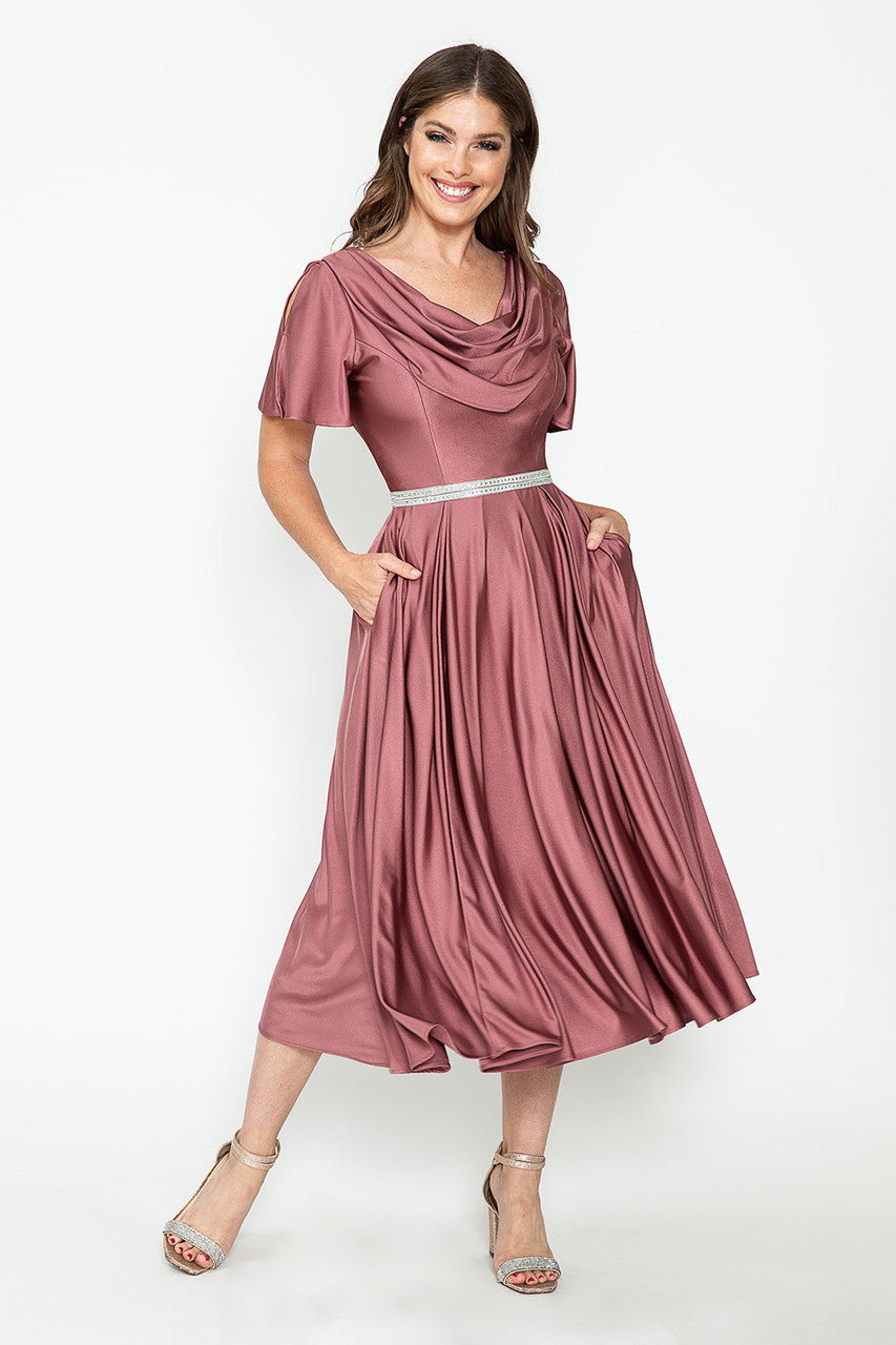 Short Sleeve Cowl Tea Length Dress by Lenovia 5296 - product image 4