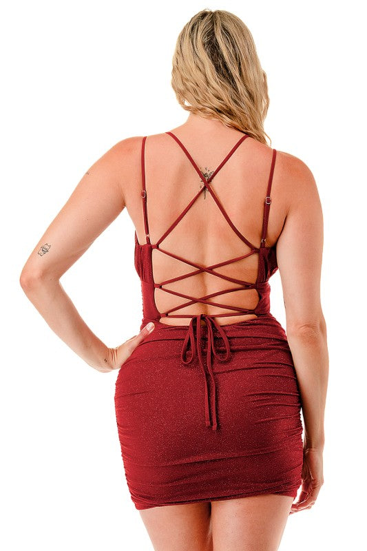 Glitter Ruched Crossed Back Mini Dress BR55209