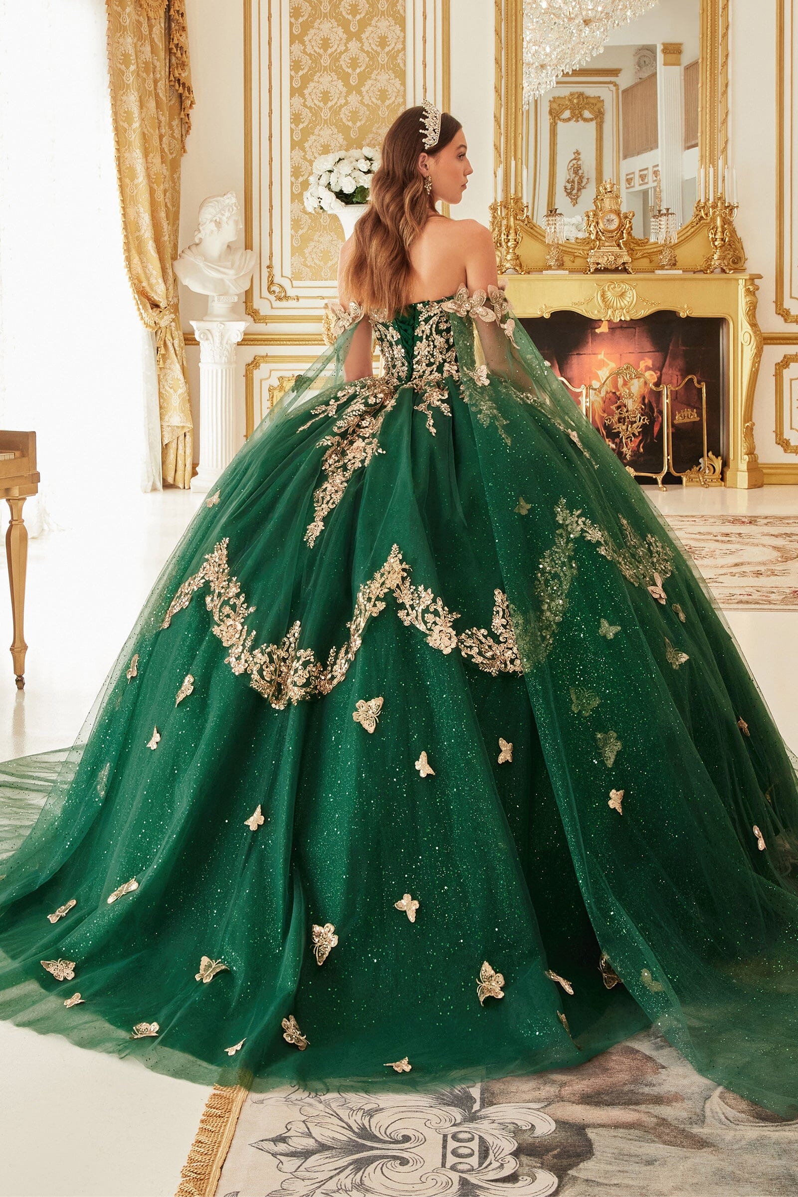 3D Butterfly Cape Sleeve Glitter Ball Gown by Ladivine 15721 - product image 2
