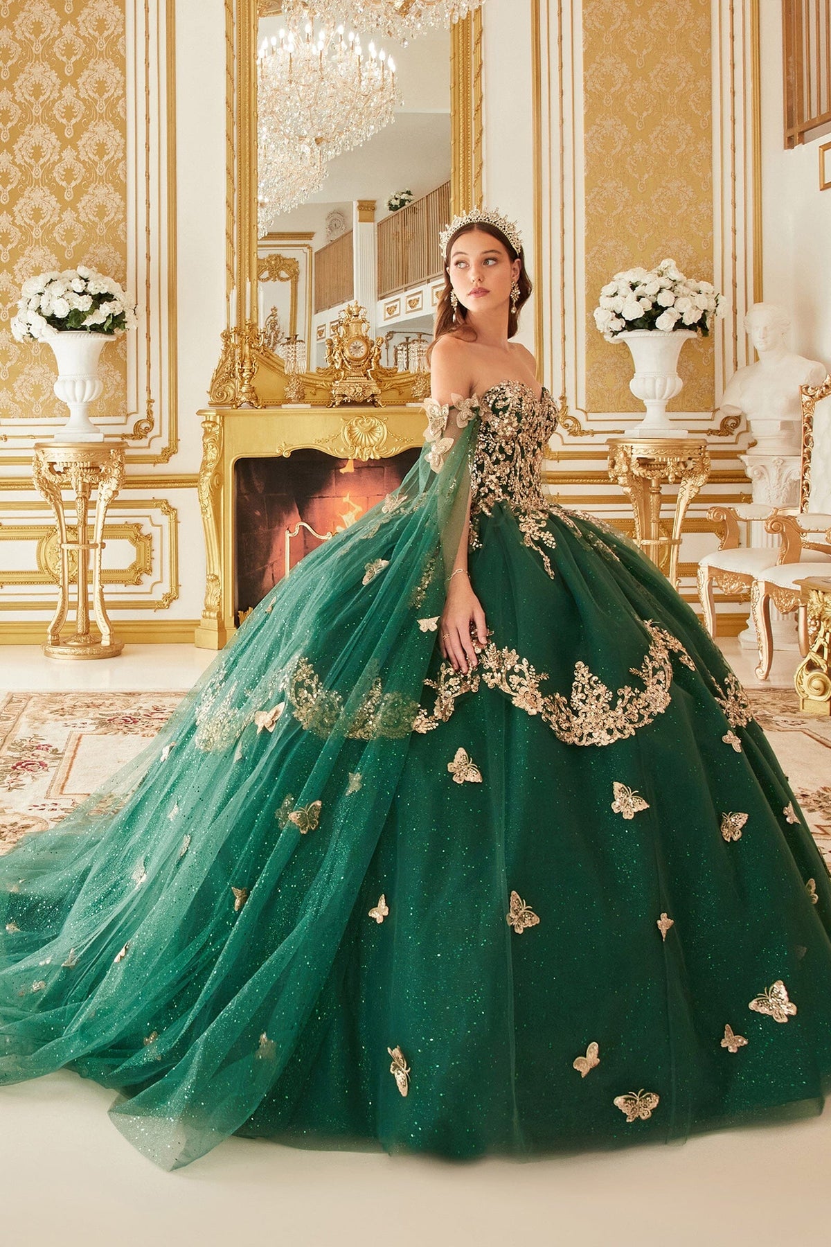 3D Butterfly Cape Sleeve Glitter Ball Gown by Ladivine 15721 - product image 4