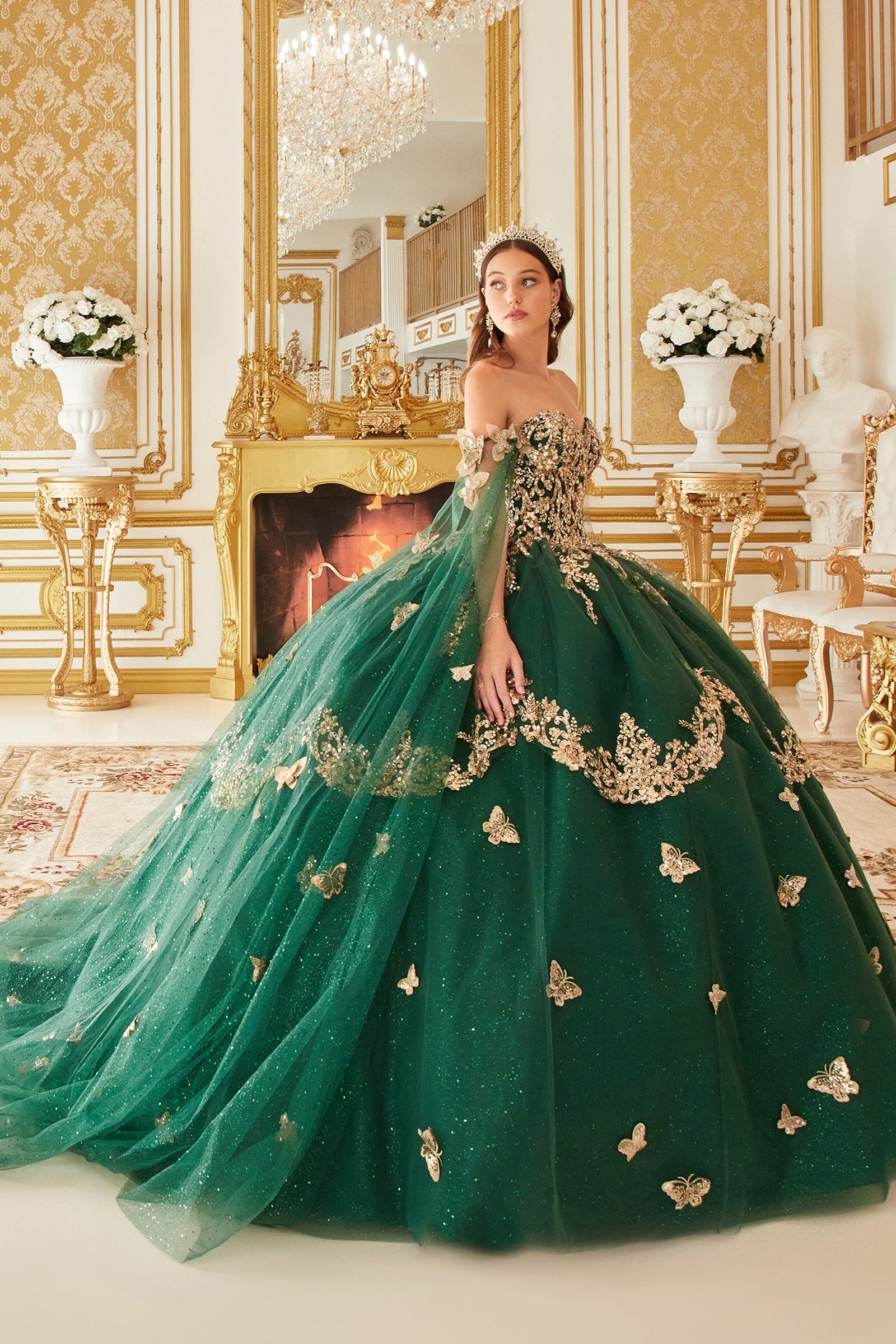 3D Butterfly Cape Sleeve Glitter Ball Gown by Ladivine 15721 - product image 4