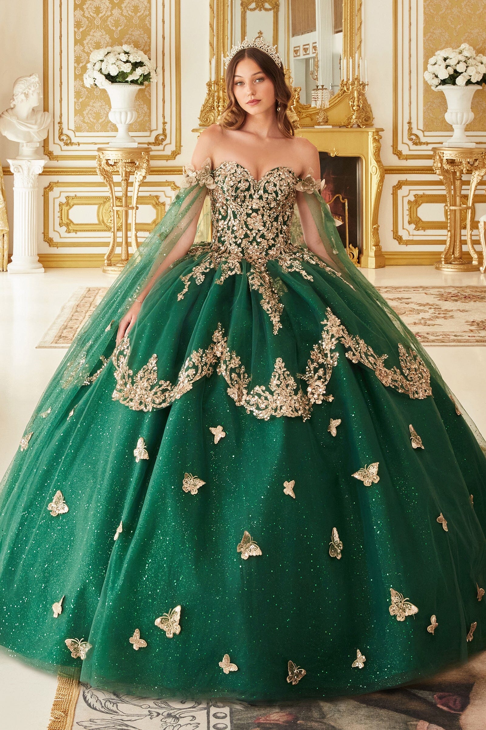 3D Butterfly Cape Sleeve Glitter Ball Gown by Ladivine 15721 - product image 1