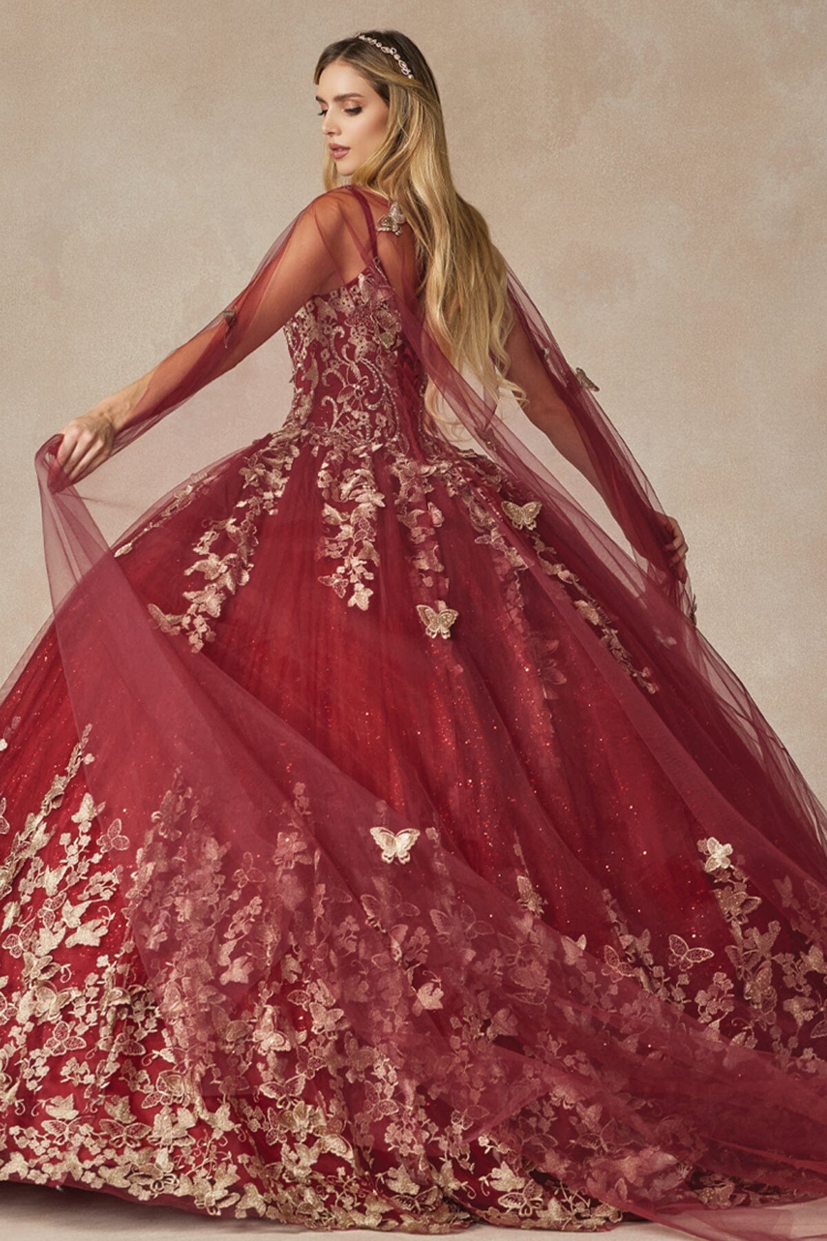 3D Butterfly Sleeveless Cape Ball Gown by Juliet 1442 - product image 2