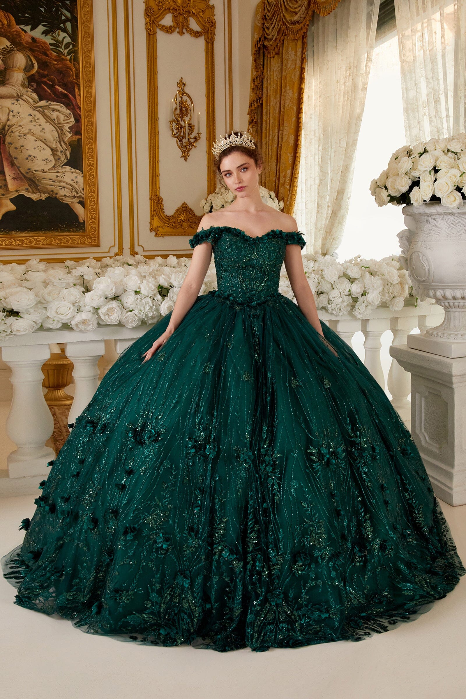 3D Floral Glitter Off Shoulder Ball Gown by Ladivine 15704 - product image 1