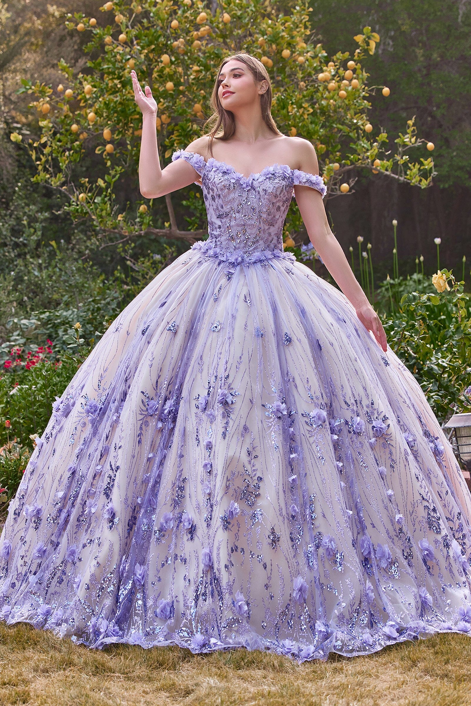 3D Floral Glitter Off Shoulder Ball Gown by Ladivine 15704 - product image 5