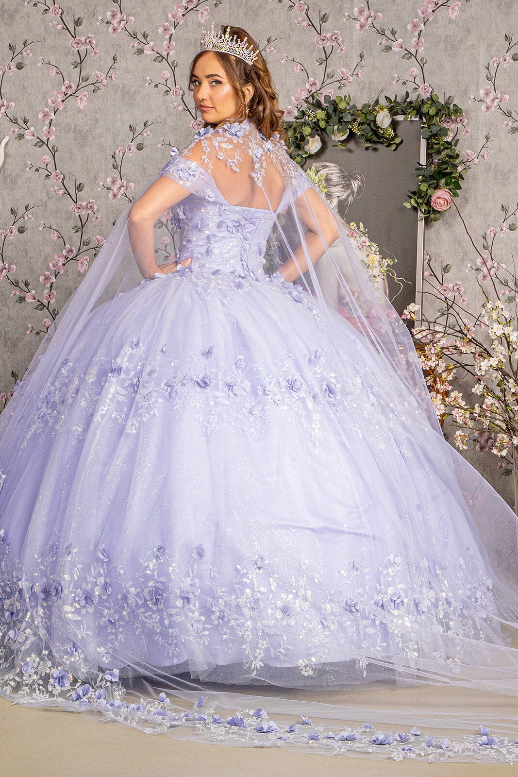 3D Floral Off Shoulder Cape Ball Gown by Elizabeth K GL3179 - product image 11