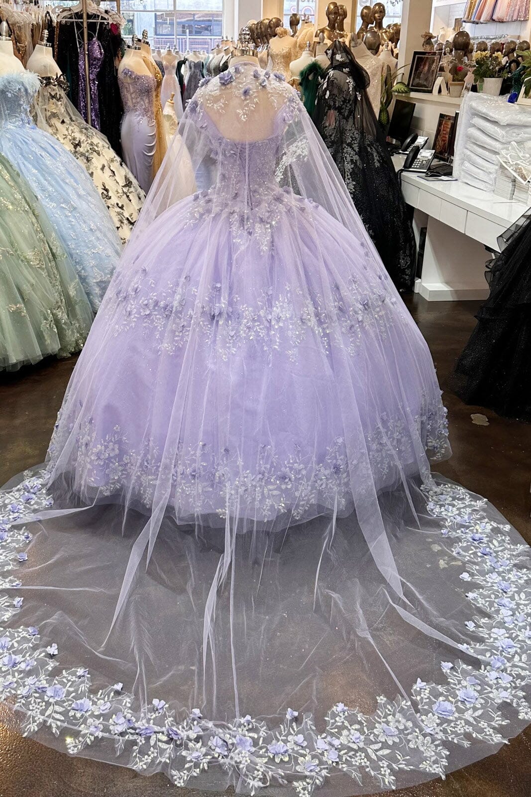 3D Floral Off Shoulder Cape Ball Gown by Elizabeth K GL3179 - product image 14