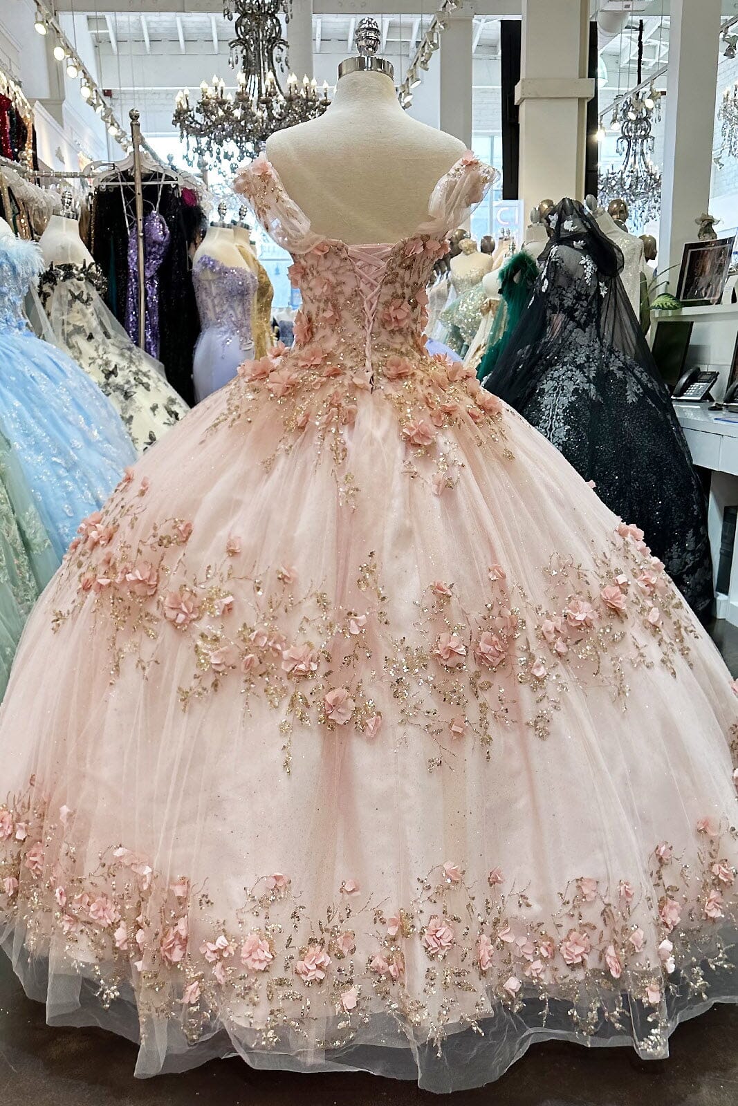 3D Floral Off Shoulder Cape Ball Gown by Elizabeth K GL3179 - product image 22