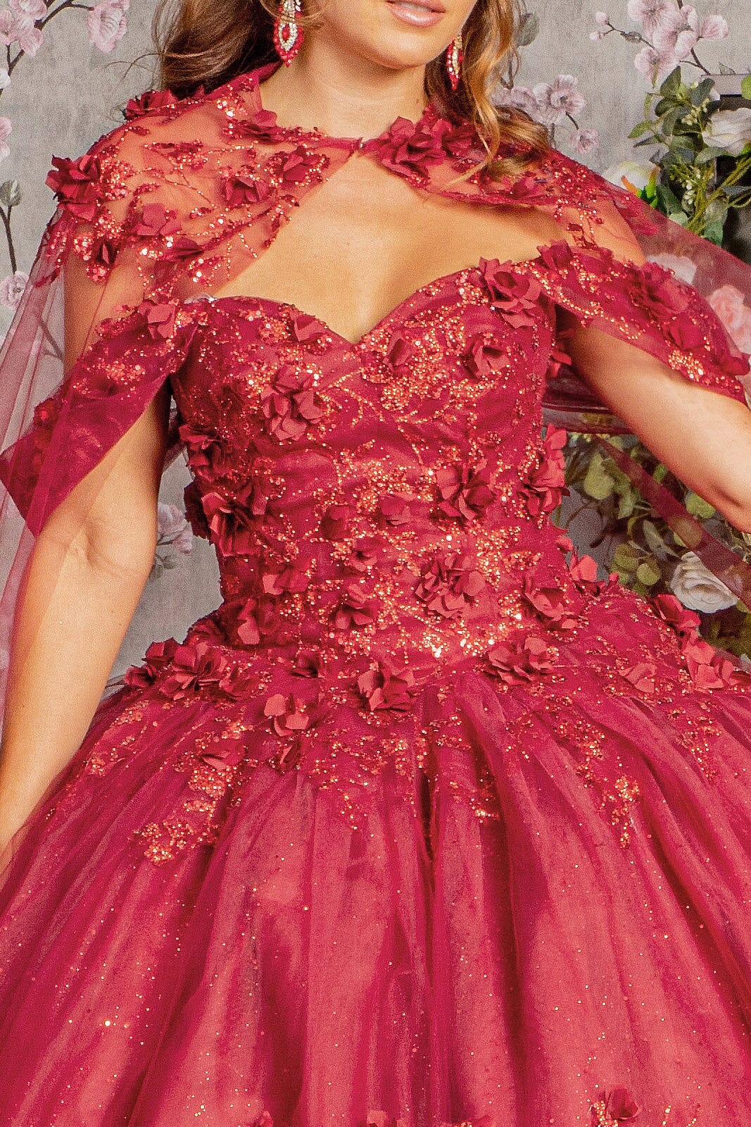3D Floral Off Shoulder Cape Ball Gown by Elizabeth K GL3179 - product image 3