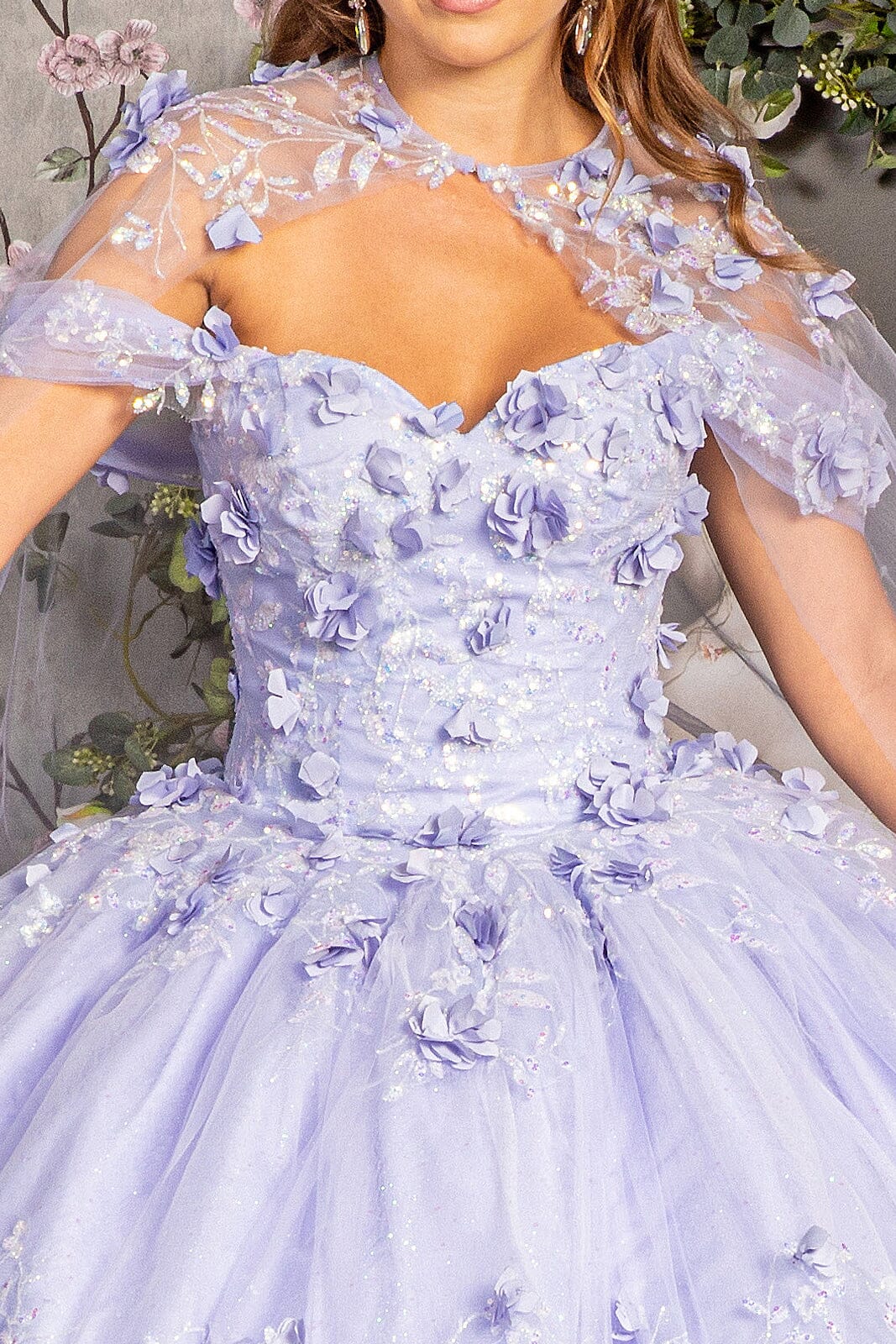 3D Floral Off Shoulder Cape Ball Gown by Elizabeth K GL3179 - product image 12