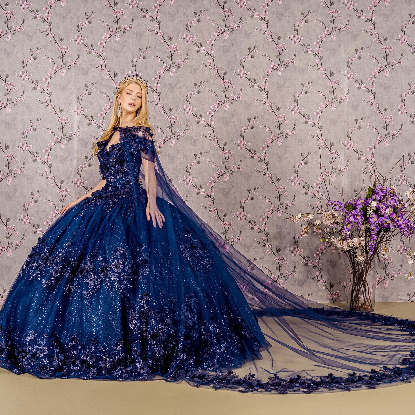 3D Floral Off Shoulder Cape Ball Gown by Elizabeth K GL3179 - product image 26