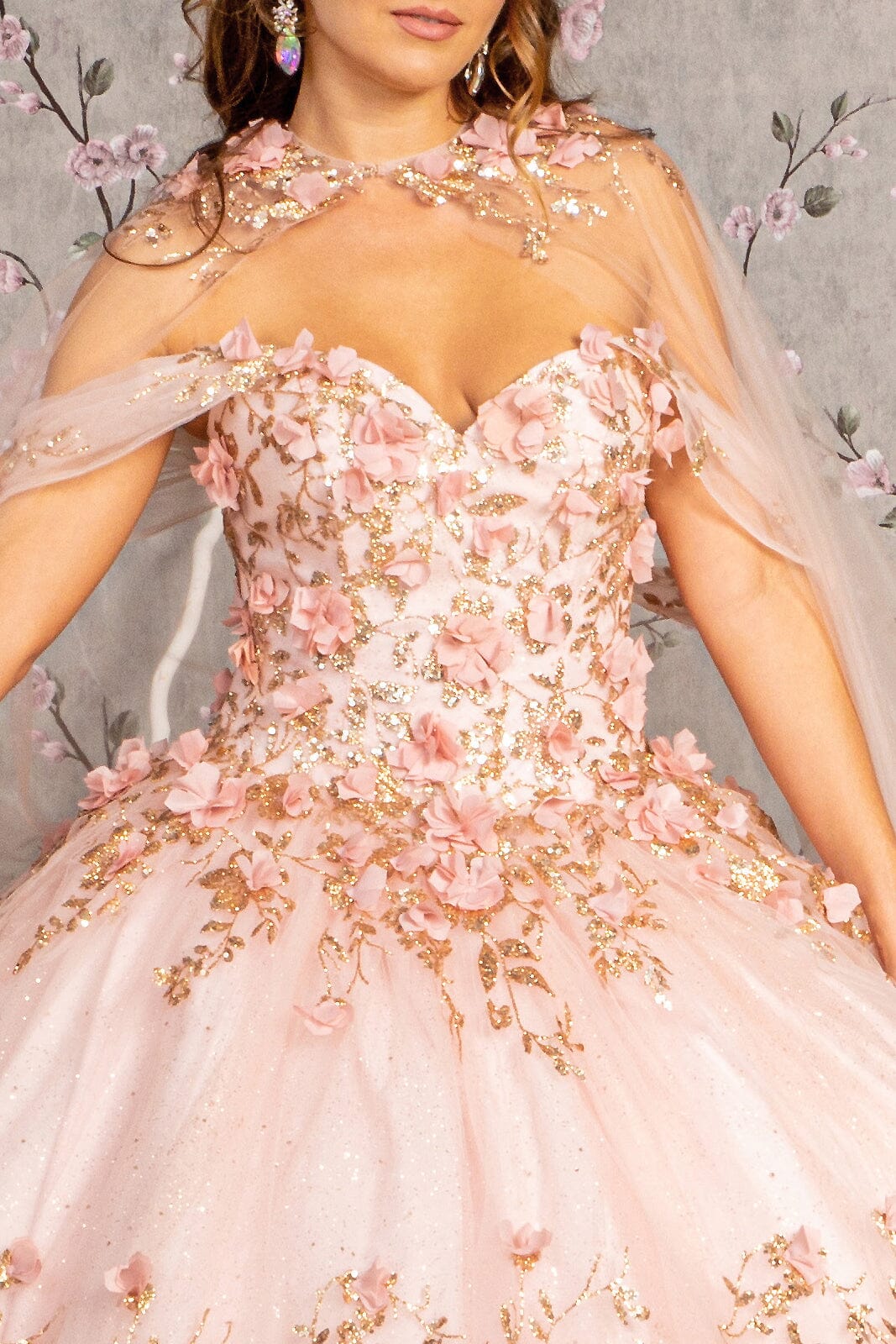 3D Floral Off Shoulder Cape Ball Gown by Elizabeth K GL3179 - product image 20