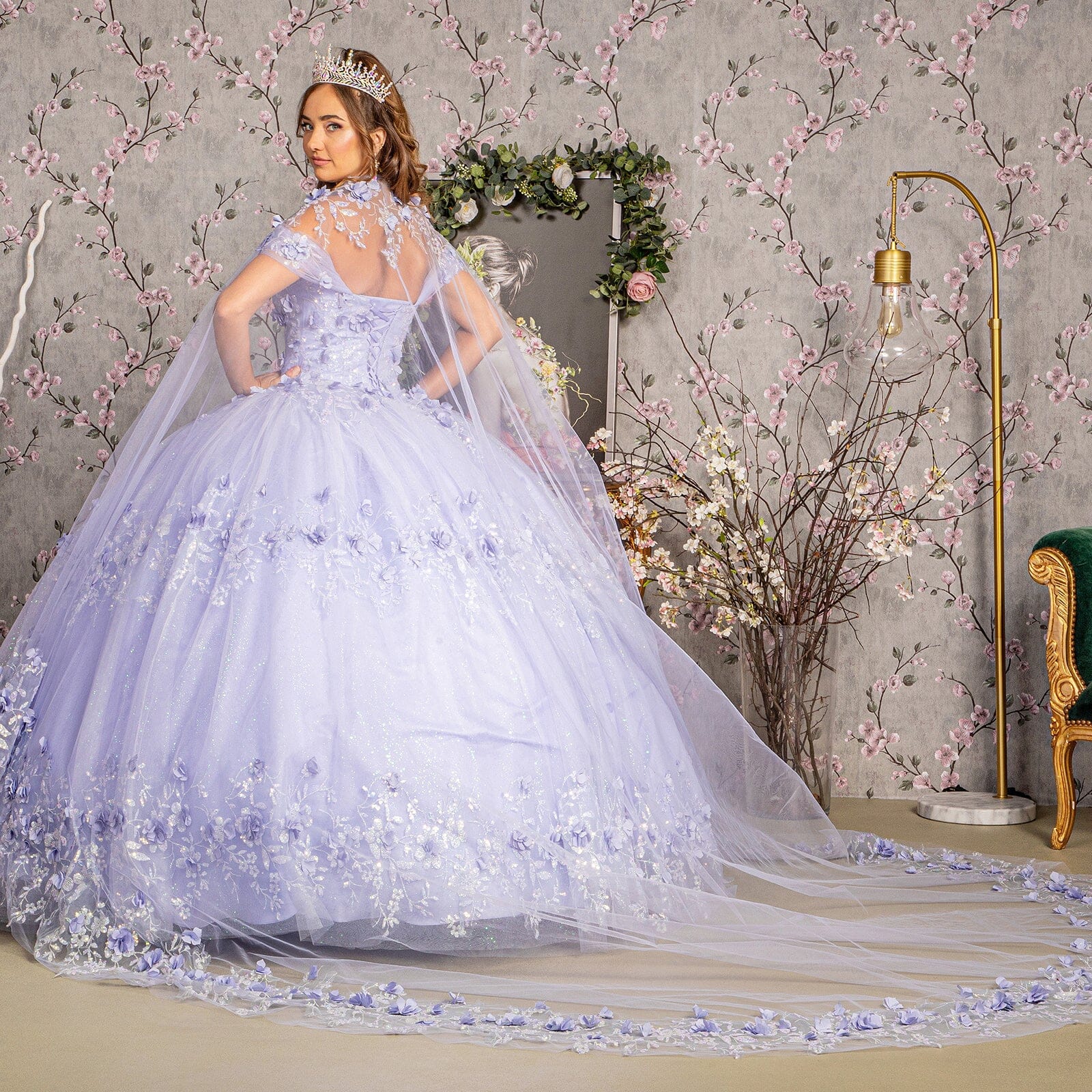 3D Floral Off Shoulder Cape Ball Gown by Elizabeth K GL3179 - product image 2