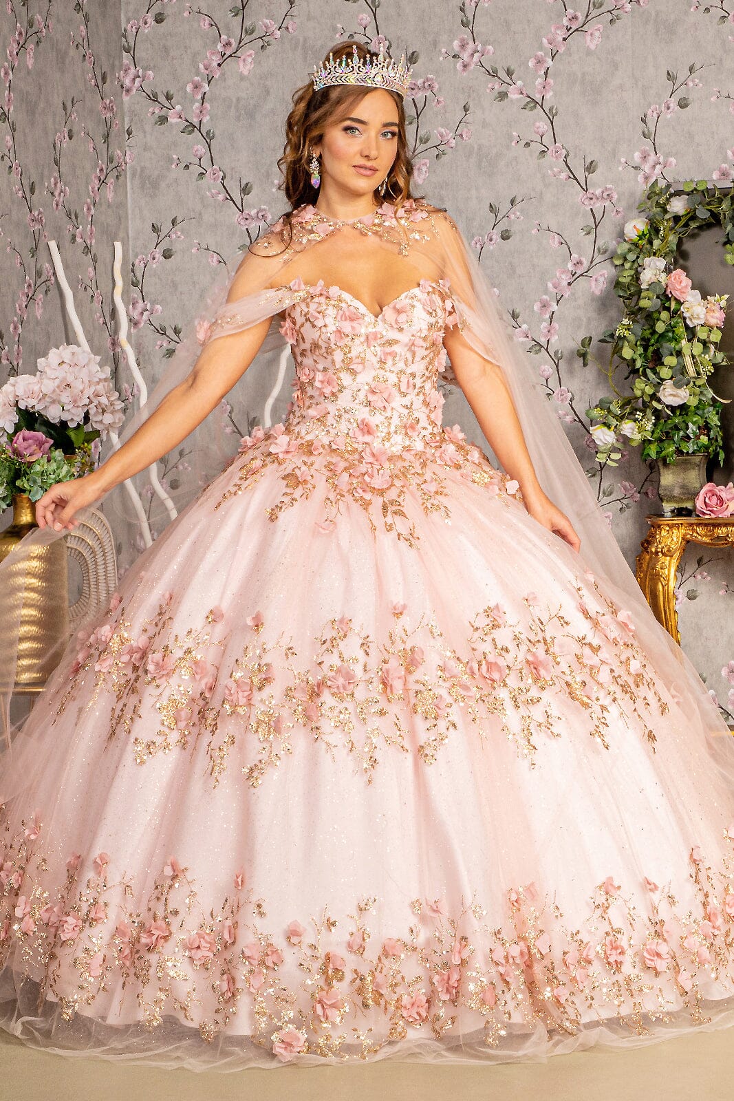 3D Floral Off Shoulder Cape Ball Gown by Elizabeth K GL3179 - product image 18