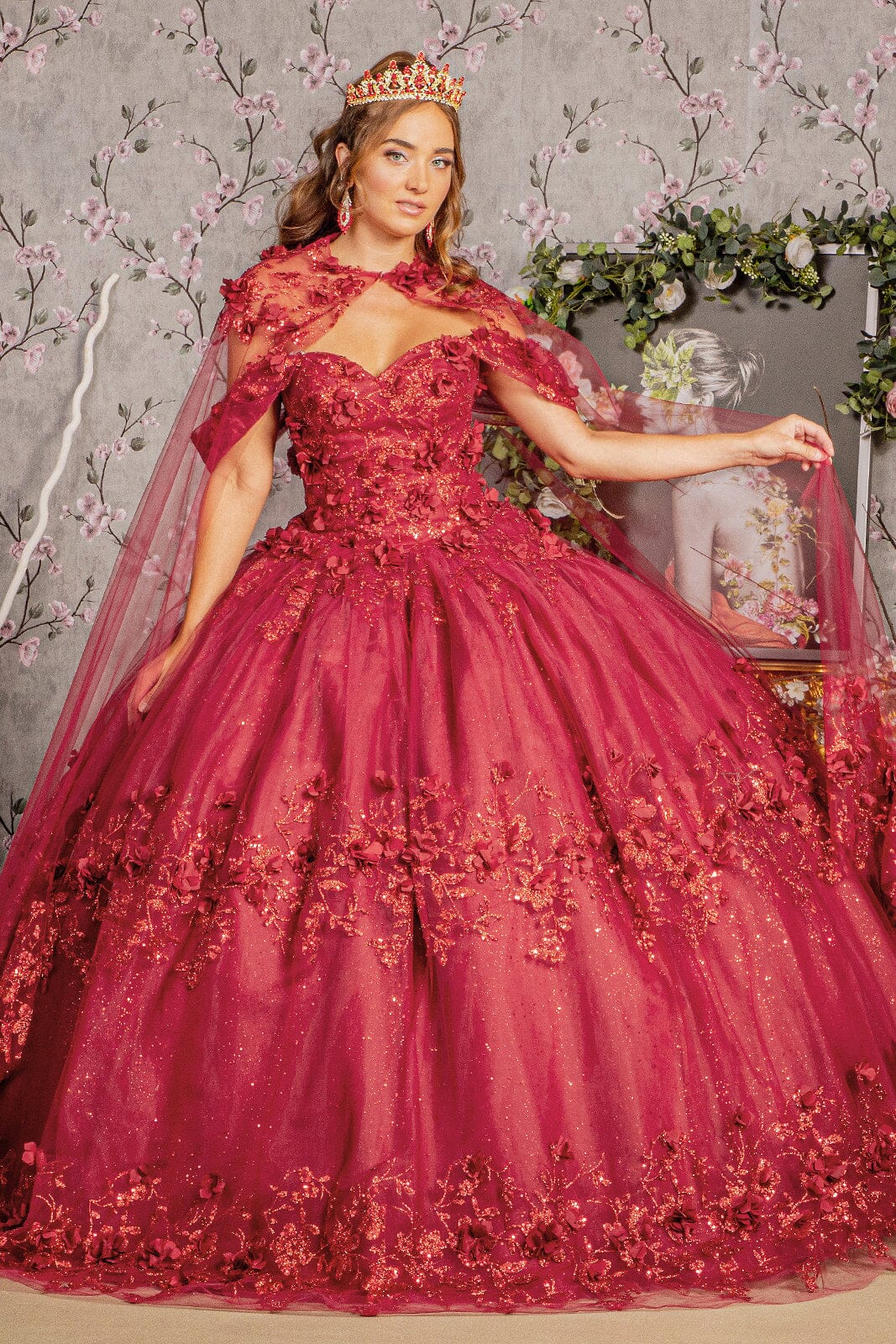 3D Floral Off Shoulder Cape Ball Gown by Elizabeth K GL3179 - product image 1