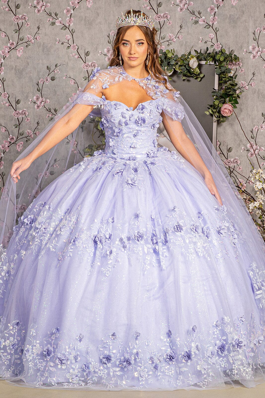 3D Floral Off Shoulder Cape Ball Gown by Elizabeth K GL3179 - product image 10