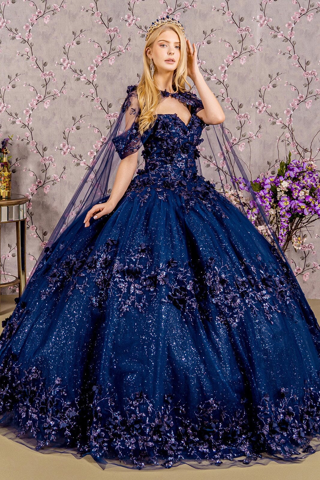 3D Floral Off Shoulder Cape Ball Gown by Elizabeth K GL3179 - product image 25