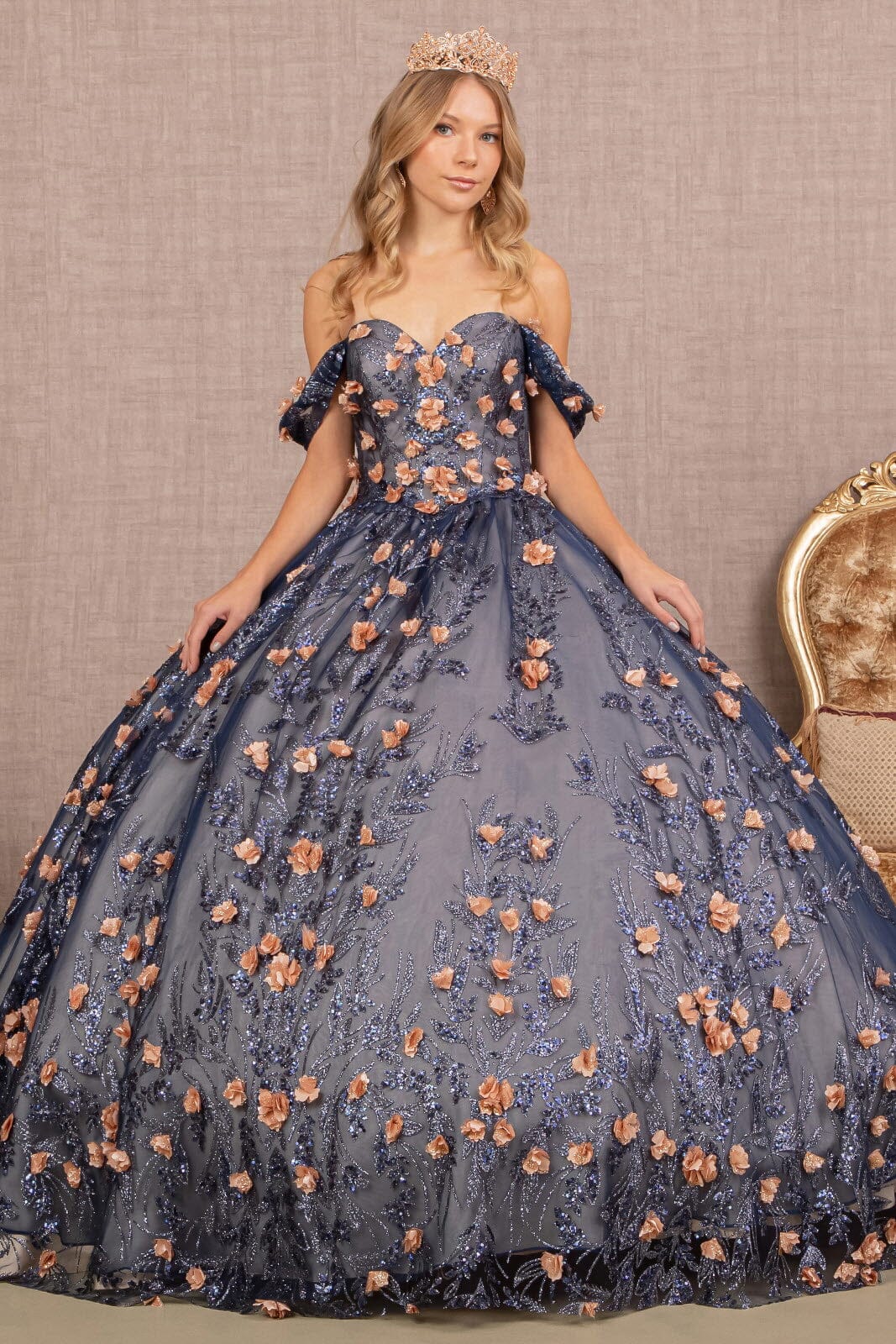 3D Floral Off Shoulder Glitter Ball Gown by Elizabeth K GL3106 - product image 1