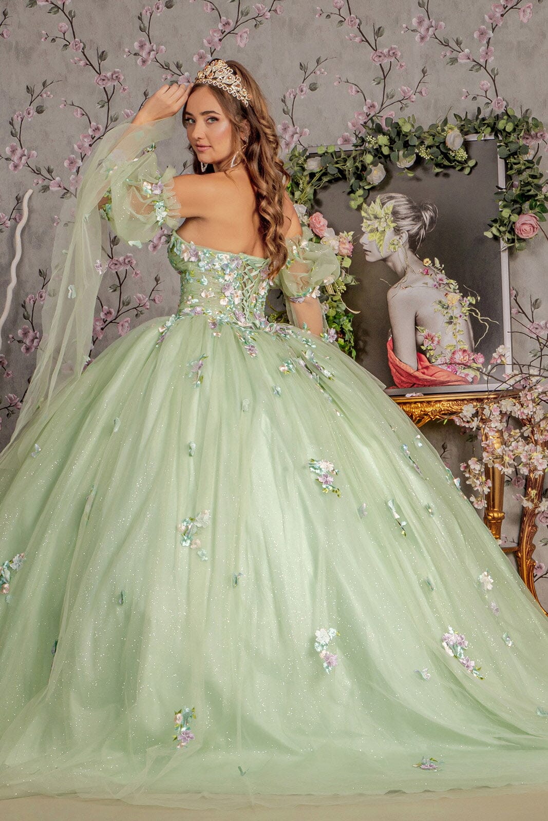 3D Floral Strapless Bell Sleeve Ball Gown by GLS Gloria GL3300 - product image 2