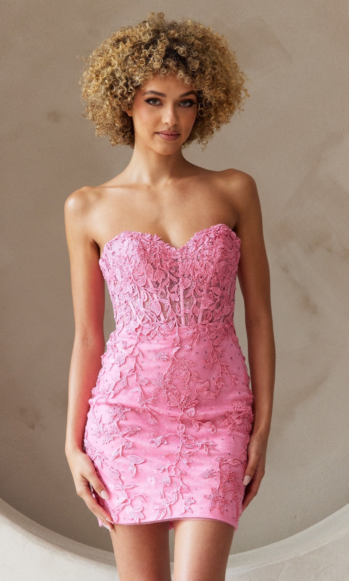 Embroidered-Lace Strapless Short Hoco Dress 7053S