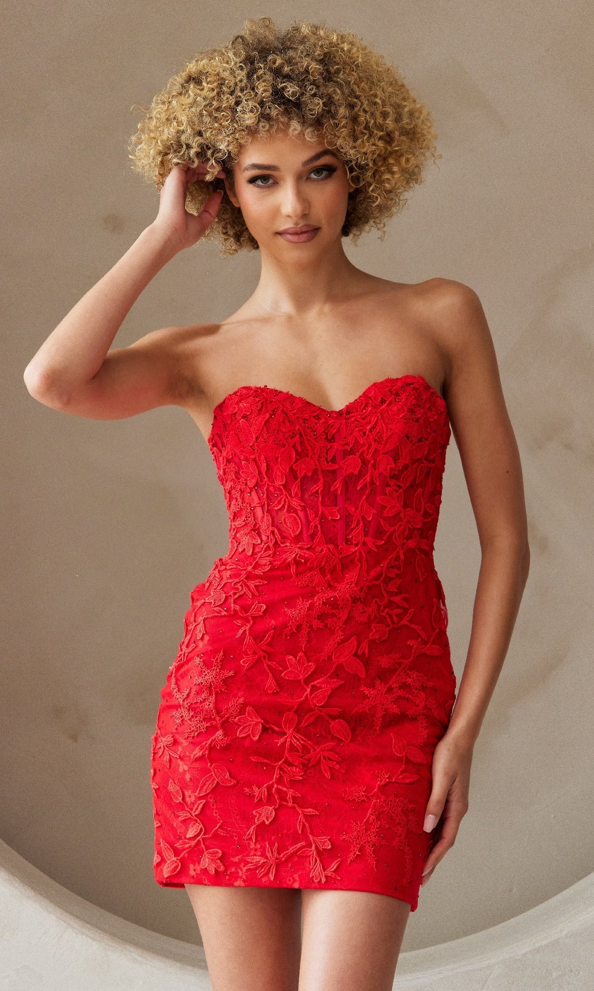 Embroidered-Lace Strapless Short Hoco Dress 7053S