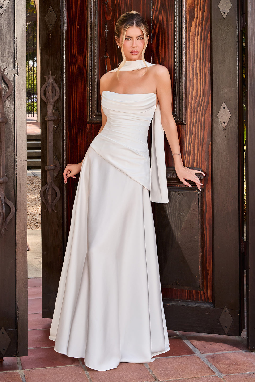 White Fitted Strapless Scarf Gown by Ladivine 7432W - image 1