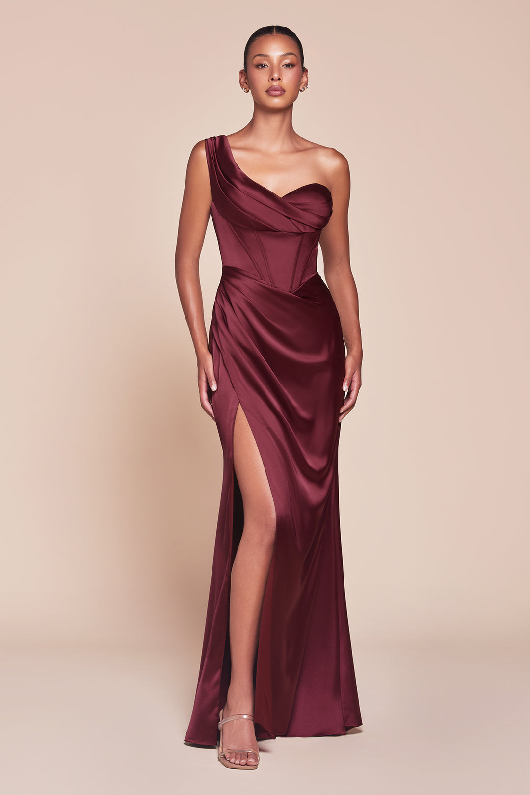Satin Fitted One Shoulder Slit Gown by Ladivine 7448 - image 13