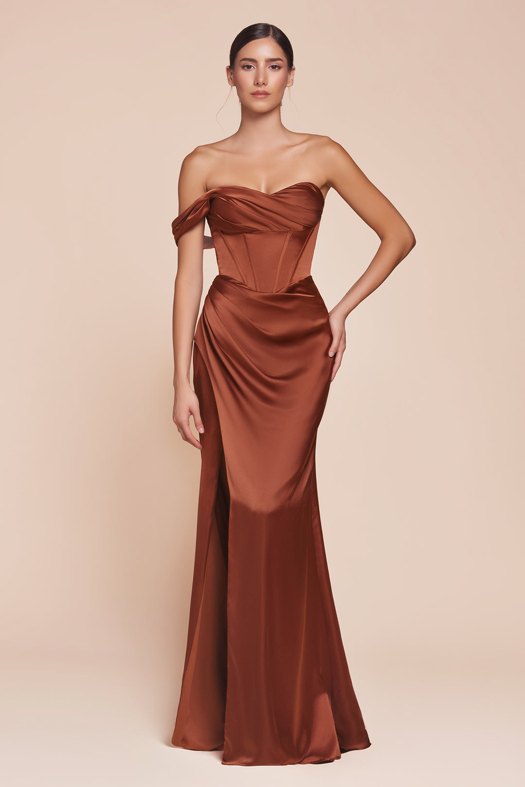 Satin Fitted One Shoulder Slit Gown by Ladivine 7448 - image 16
