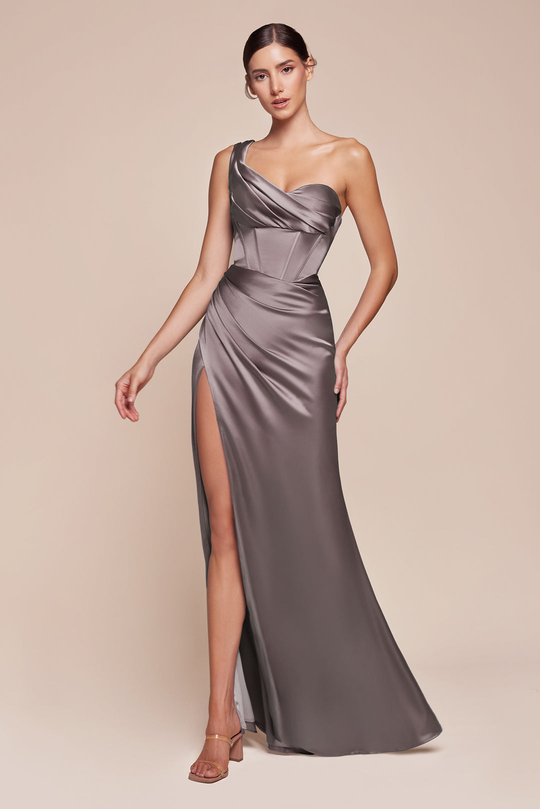 Satin Fitted One Shoulder Slit Gown by Ladivine 7448 - image 15