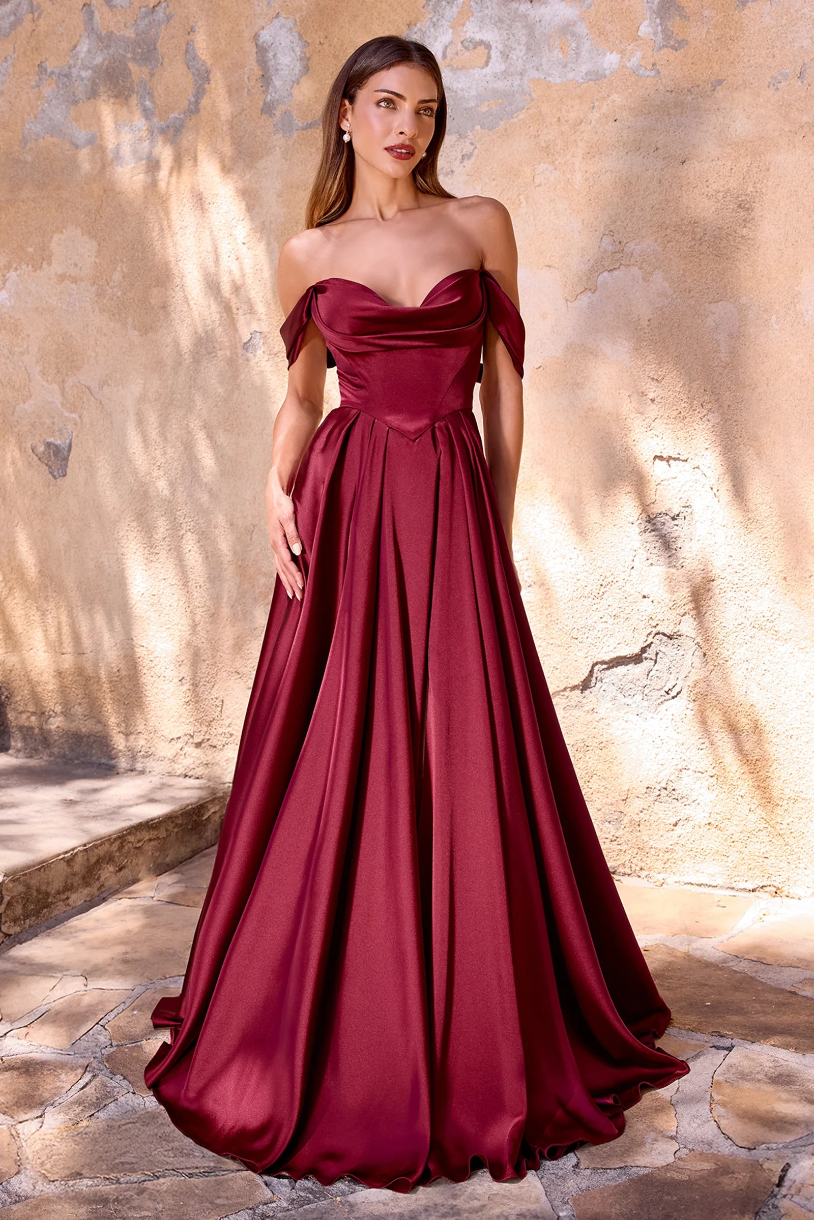 Satin Off Shoulder A-line Slit Gown by Ladivine 7449