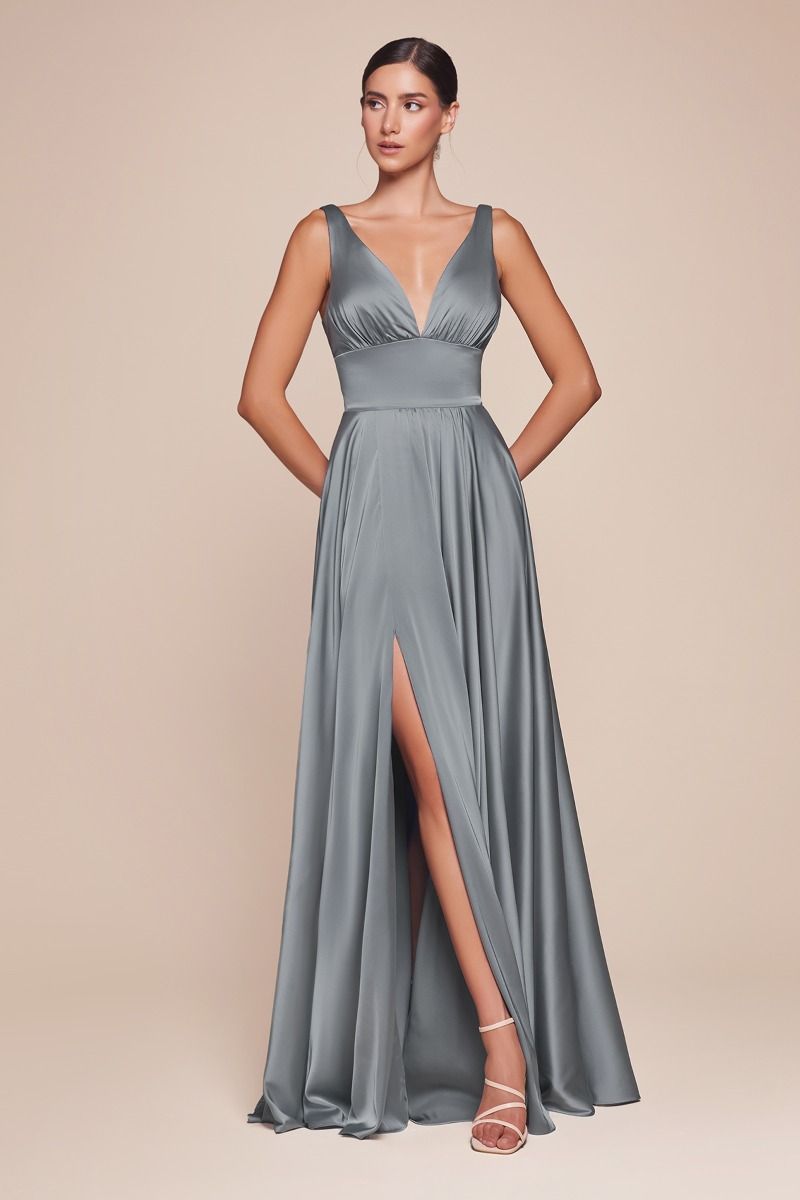 Long Satin V-Neck Dress with Slit by Cinderella Divine 7469