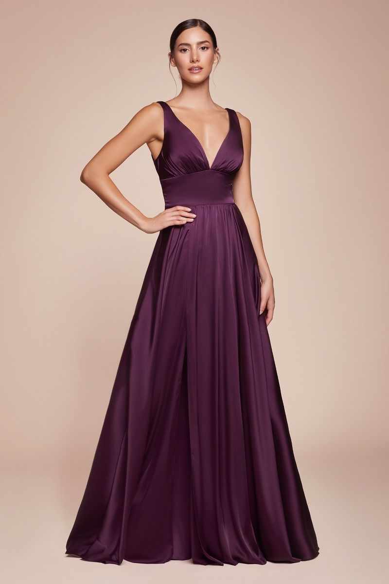 Long Satin V-Neck Dress with Slit by Cinderella Divine 7469