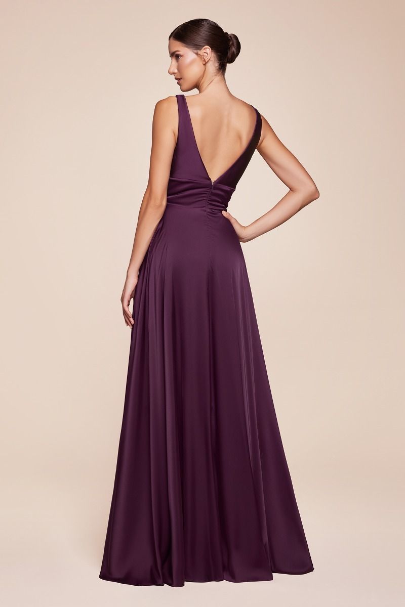 Long Satin V-Neck Dress with Slit by Cinderella Divine 7469