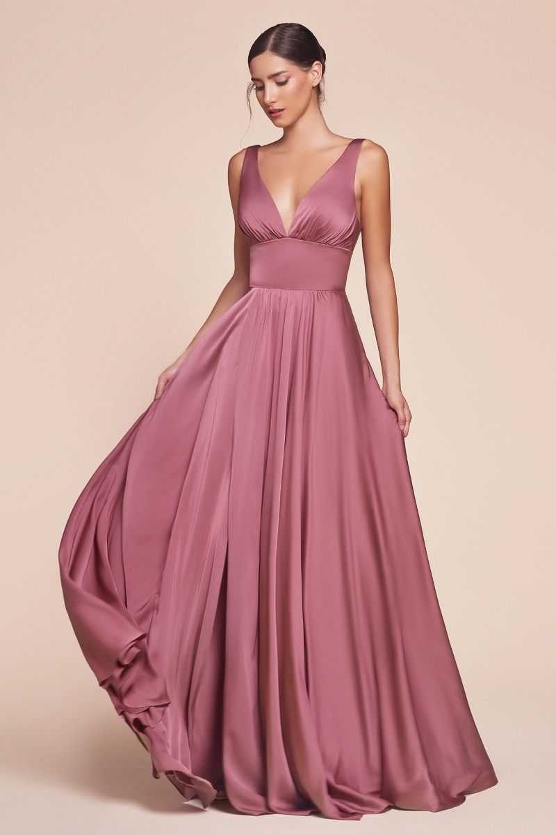 Long Satin V-Neck Dress with Slit by Cinderella Divine 7469