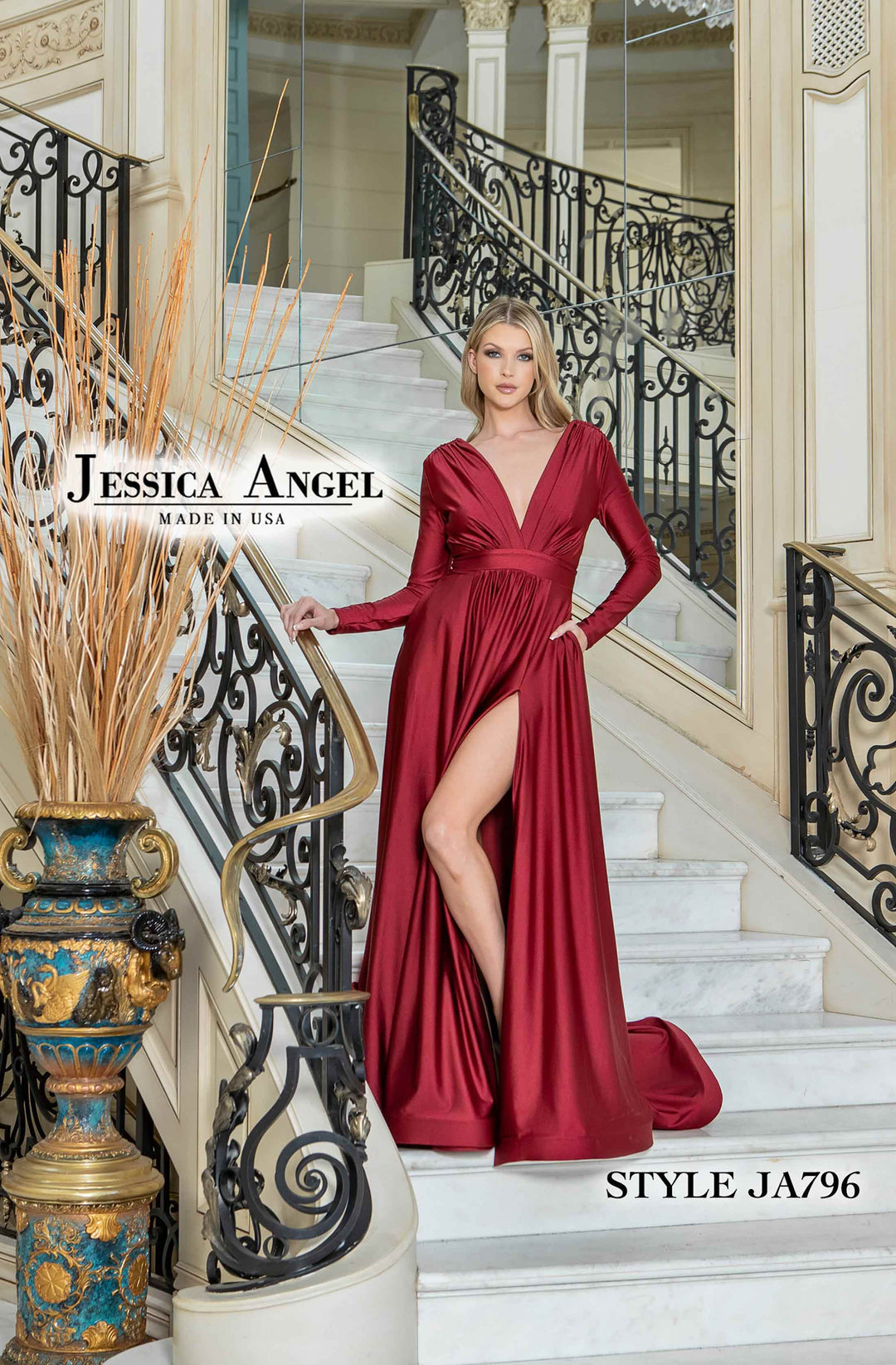 Jersey Long Sleeve A-line Slit Gown by Jessica Angel 796