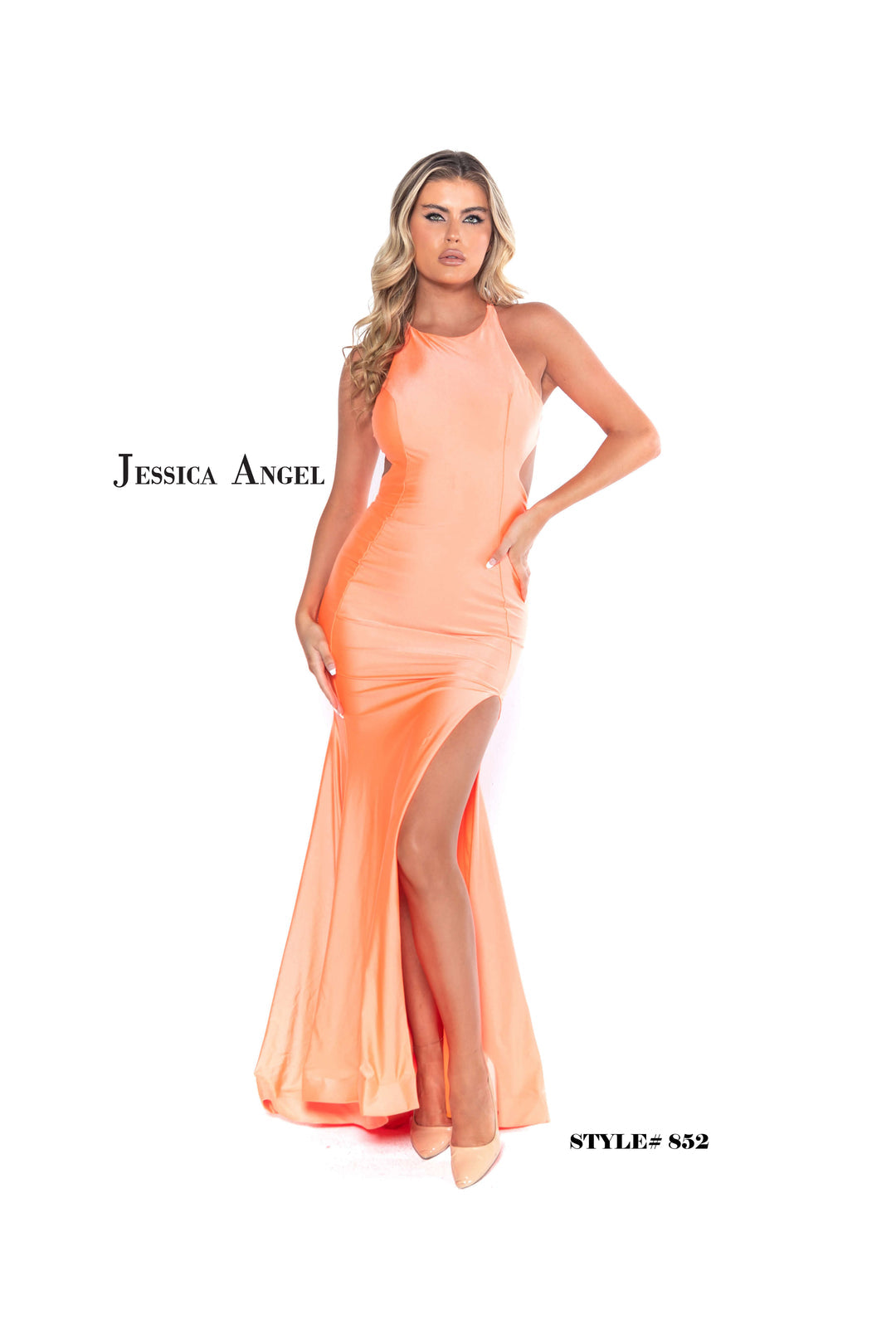Jersey Fitted Halter Slit Gown by Jessica Angel 852